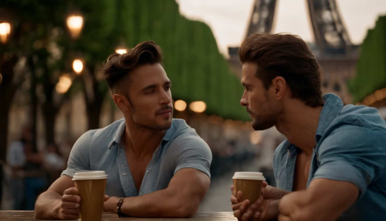 photo of stunning two handsome muscular men sitting outdoors at a French cafe near Eiffel Tower, Paris, no female, honey eyes, short messy windy light brown hair, flipping hair, closeup zoomed in tight crop portrait, people watching, top-view (out door french coffee shop scene:1.2) wearing a (linen shorts and no shirt:1.3) (Lighting-blue:1.2) foreground objects background details (masterpiece:1.2) (photorealistic:1.2) (bokeh:1.2) (best quality) (color grading) (detailed skin:1.3) (no shirt:1.3) (intricate) (8k) (HDR) (cinematic lighting:1.3) (sharp focus), messy windy hair, Location Paris France