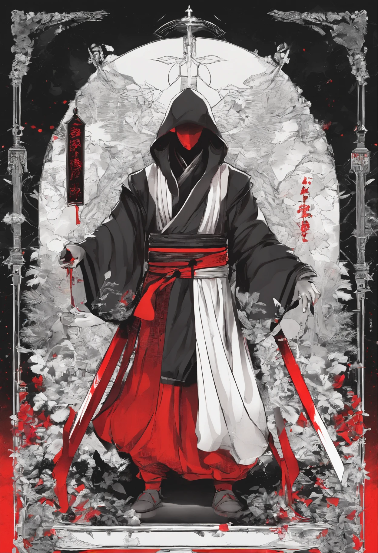 Sacerdote Guerreiro, His two hands are holding two large dark blades that scrap the ground, corpo inteiro, 2 red lights are coming from your eyes, estilo fantasia sombria, Roupas e armaduras tingidas de preto, With a hood that's masking your face