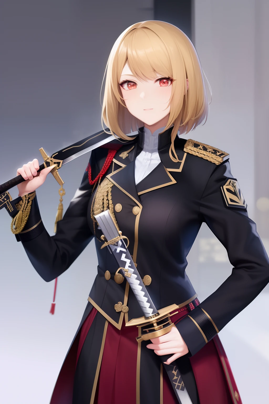 Anime - style woman in uniform with sword and sword, Fine details, girls' frontline, girls frontline style, Drawing the whole body, holding a sword on her shoulder, detailed anime character art, Detailed key anime art, 1 girl,Fantasia,校服