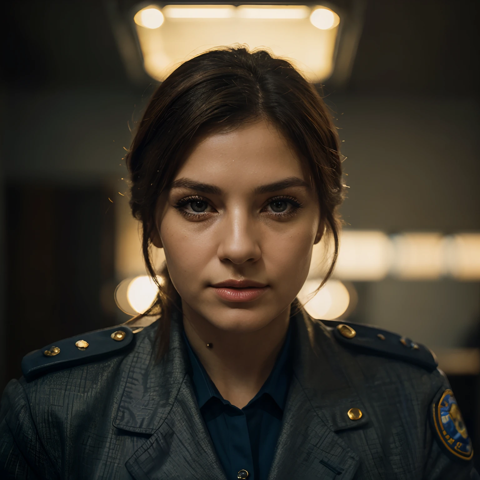 (best quality,4k,8k,highres,masterpiece:1.2),ultra-detailed,(realistic,photorealistic,photo-realistic:1.37),1977 Photograph of a Yugoslavian (serbian) 36 years police investigator,Yugoslavian blue police uniform,gold police badge,beautiful detailed eyes,beautiful detailed lips,extremely detailed eyes and face,long eyelashes,professional,studio lighting,bokeh,vivid colors,classic vintage aesthetics,grainy texture,warm sepia tones,medium:photography,police station,aged background,dusty atmosphere,timeless,sharp focus,aged film look,retro style
