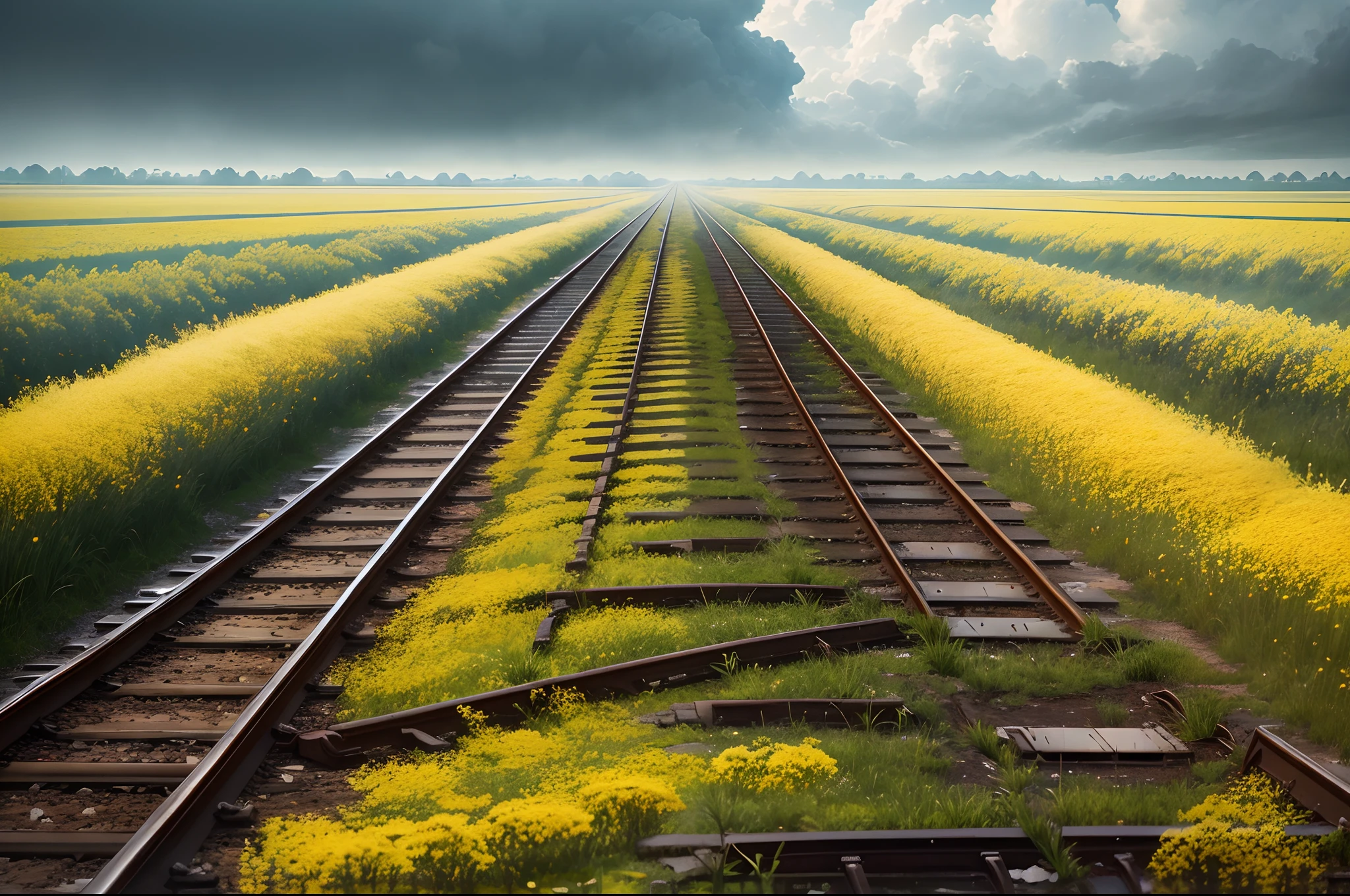 A beautiful rainy day, beautiful sky filled with clouds, heavy rains, shiny floor, an old broken railway track between of a yellow flowers field,landscape, ultra realistic 8k quality,water reflecting