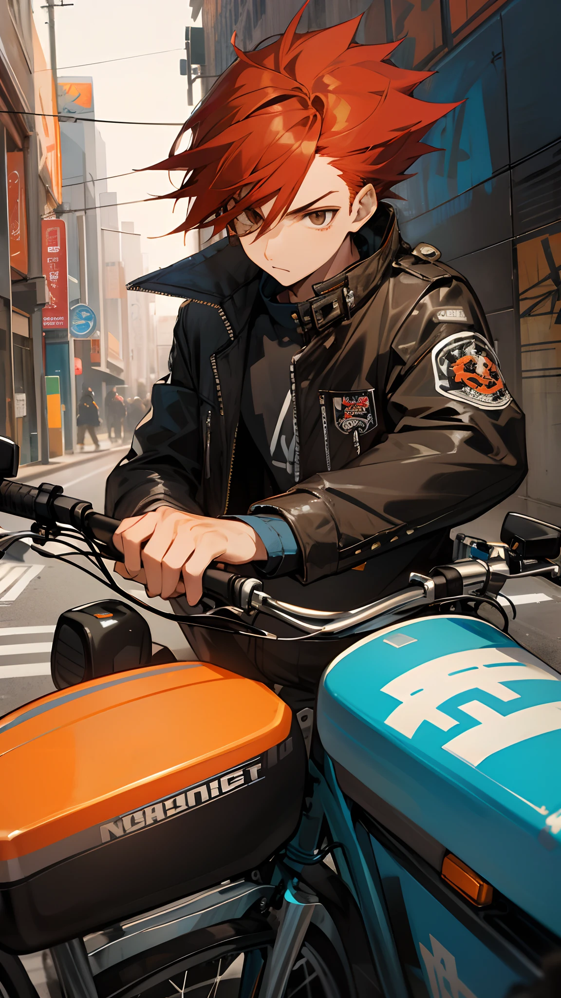 1boy, cool art, punk style, comic style, orange street lights, orange lighting, night_time, detailed motorbike, tunnel, solo, focus, (wearing_black_latex_jacket), japanese_punk_style, (stickers and punk design on jacket), graffiti art, abstract art on jacket, ((brown eyes: 1.4)), (red_hair: 1.2), ((blue motor bike)), detailed face:1.2, detailed bike: 1.2