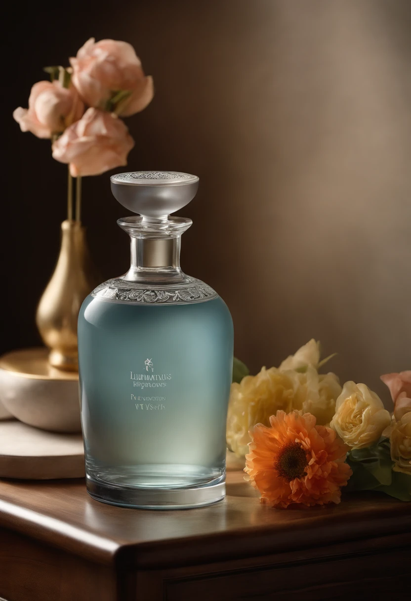 A bottle of water sits on the table next to the vase, Inspired by Emil Lana, author:Emil Rana, Vespers Linde, inspired by Évariste Vital Luminais, Inspired by Otto Meyer-Armden, luminous body, Handsome, miniature product photo, dramatic product shot, detailled image, ethereal opalescent mist, perfume
