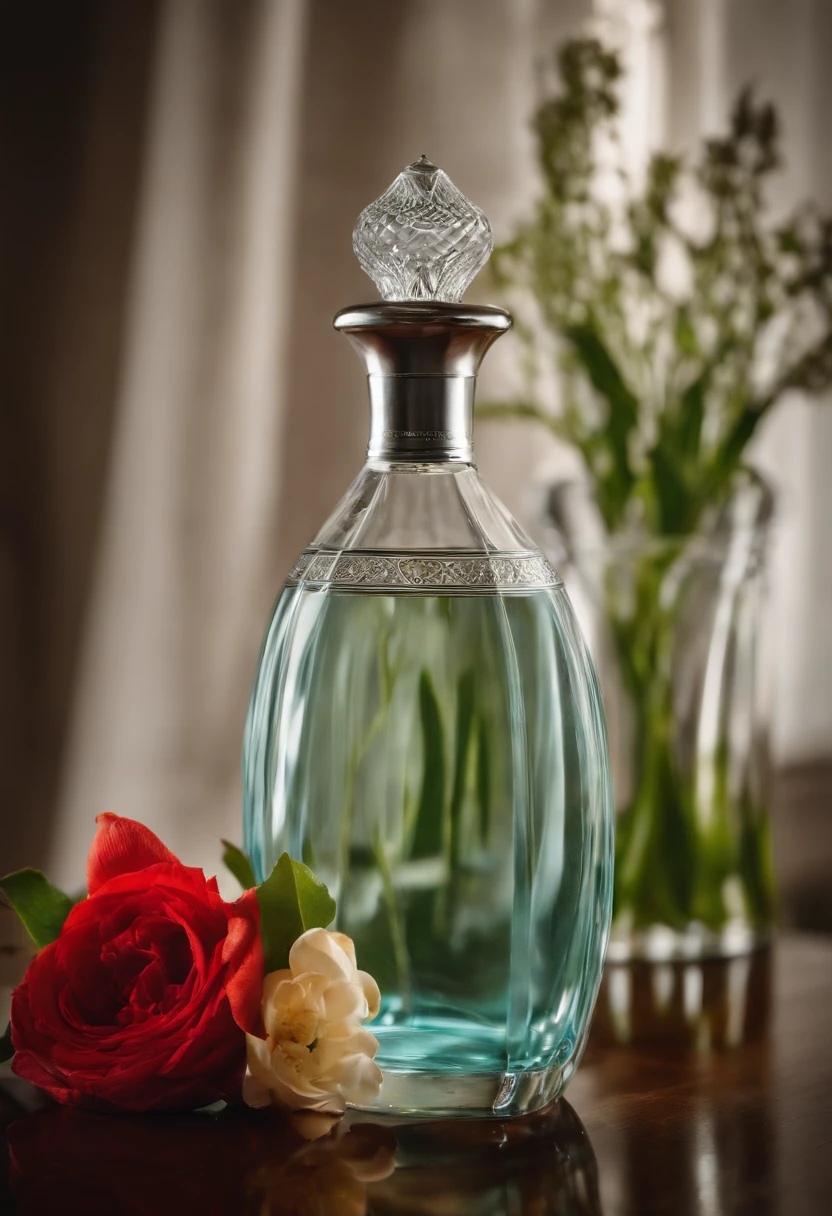 A bottle of water sits on the table next to the vase, Inspired by Emil Lana, author：Emil Rana, Vespers Linde, inspired by Évariste Vital Luminais, Inspired by Otto Meyer-Armden, luminous body, Handsome, miniature product photo, dramatic product shot, detailled image, ethereal opalescent mist, perfume