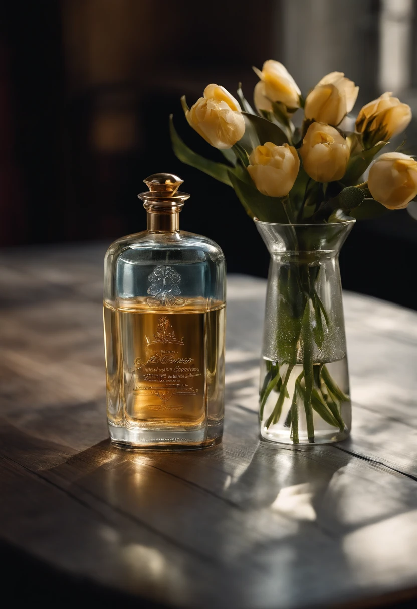 A bottle of water sits on the table next to the vase, Inspired by Emil Lana, author:Emil Rana, Vespers Linde, inspired by Évariste Vital Luminais, Inspired by Otto Meyer-Armden, luminous body, Handsome, miniature product photo, dramatic product shot, detailled image, ethereal opalescent mist, perfume