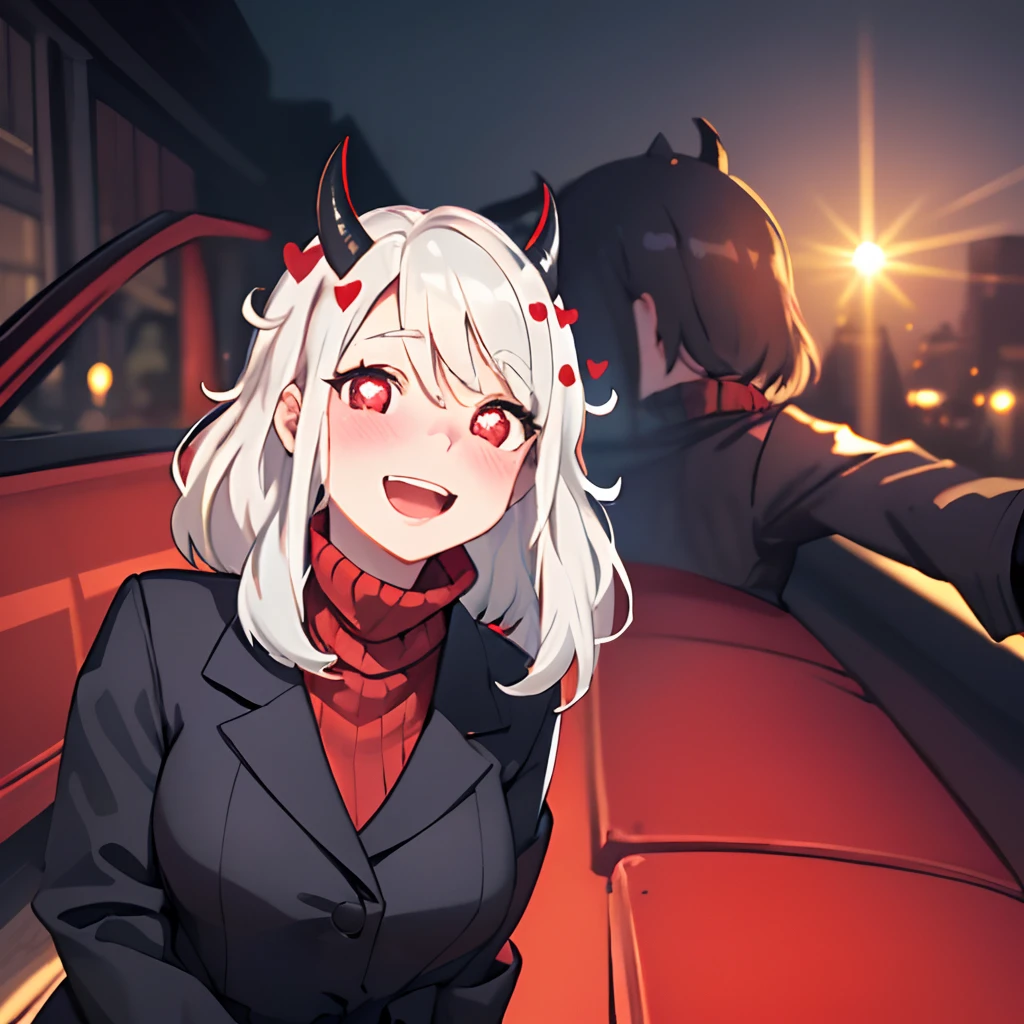 (masterpiece, best quality:1.2), cowboy shot, solo, 1girl, htmodeus, blush, smiling, happy, open mouth, looking at viewer, holding, book, medium short white hair, heart-shaped pupils, formal, black jacket, red sweater, turtleneck, black horns, daemon tail,sleeves past wrists, black skirt, red pantyhose