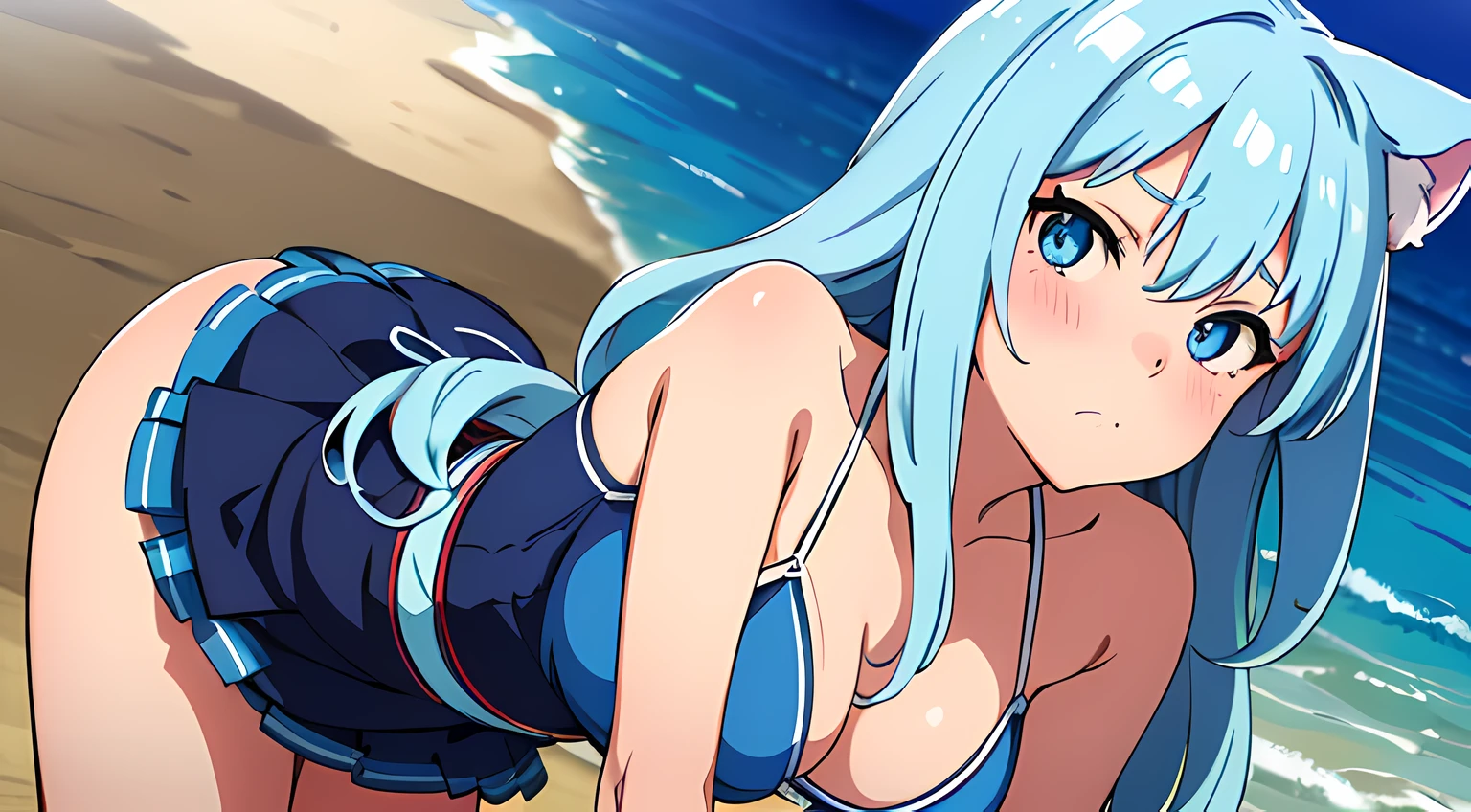 (1 nekomimi girl, without human ears),(beautiful eyes finely detailed, Face to detail, light blue hair, long hair), wearing summer style dress, twerking pose to you, seductive facial expression, blush on her face, at the beach, camera angle from front, looking at you, ​masterpiece, top-quality, detailed, High resolution illustration