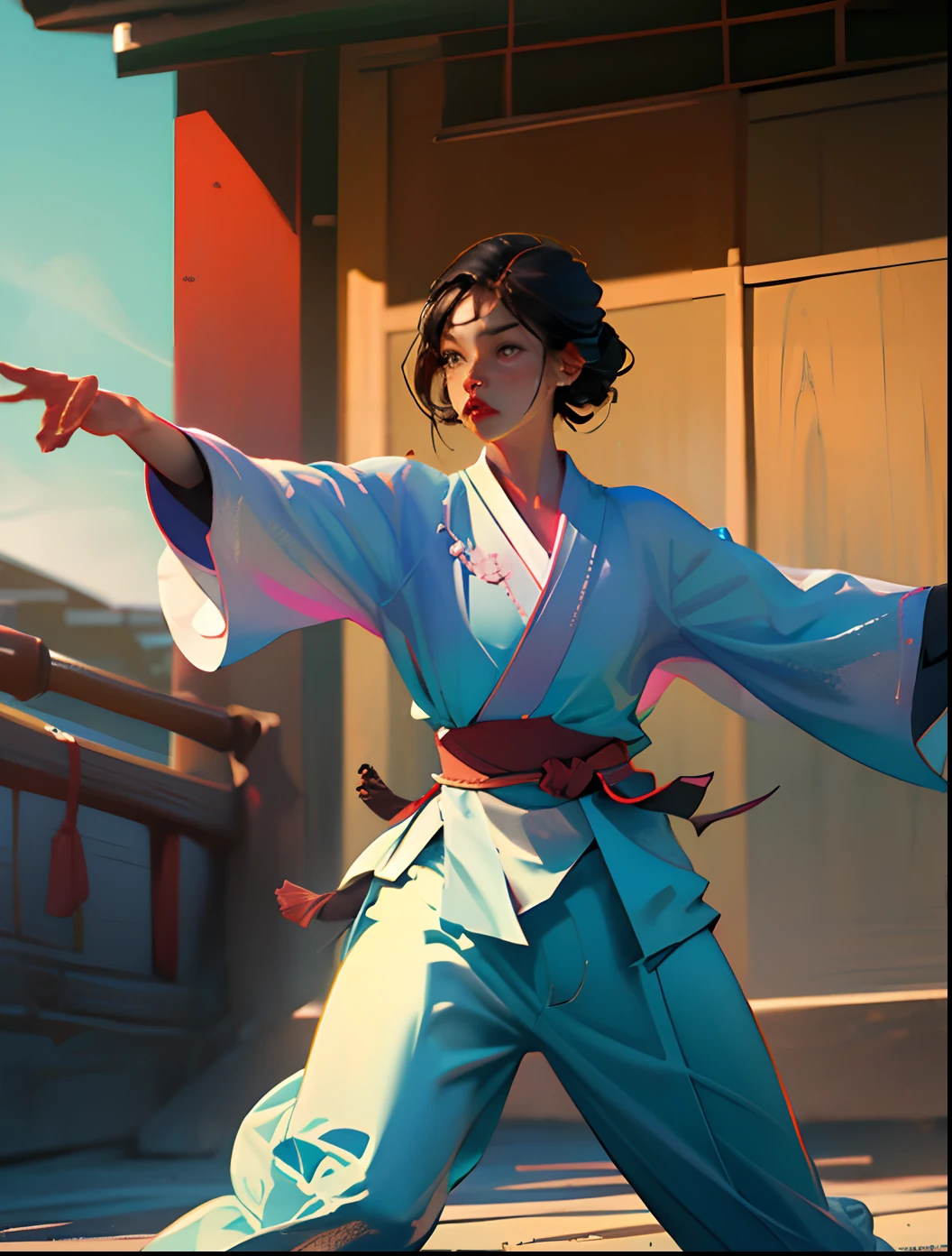 Um homem cabelo preto grande estilo samurai,olhos castanhos, cavanhaque grande ,Karate kimono in Japanese temple