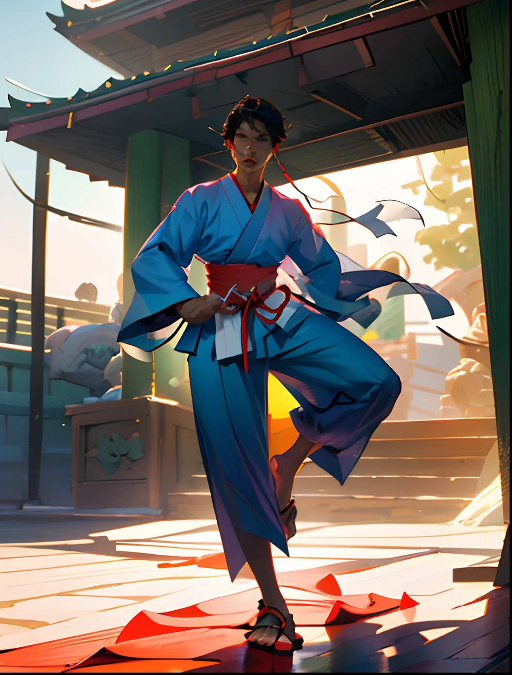 Um homem cabelo preto grande estilo samurai,olhos castanhos, cavanhaque grande ,Karate kimono in Japanese temple