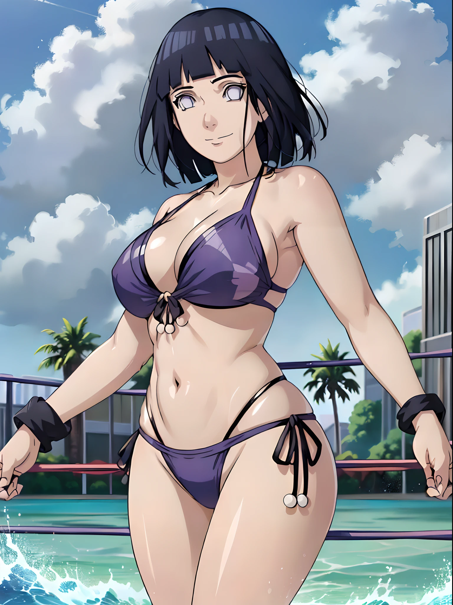 stretching, cloud background, anime style, cute , beautiful mother, hand up, nice body, soft body, long belly, (hinata\(boruto\), (female wrestler), (slender body), mature woman , broad shoulders, off-shoulders, (shiny bikini, white bikini only,  pro wrestling outfit, armband, bangles), smile, closed mouth, pale skin, cute, smile, (dark blue hair color:1.1), wavy hair, floating hair, ((short hair, hime cut, loose hair), big breasts, (only one arm stretching), long belly, (closed fists), , (perfect eyes, white sciera, bright eyes, white eyes, anime eyes)