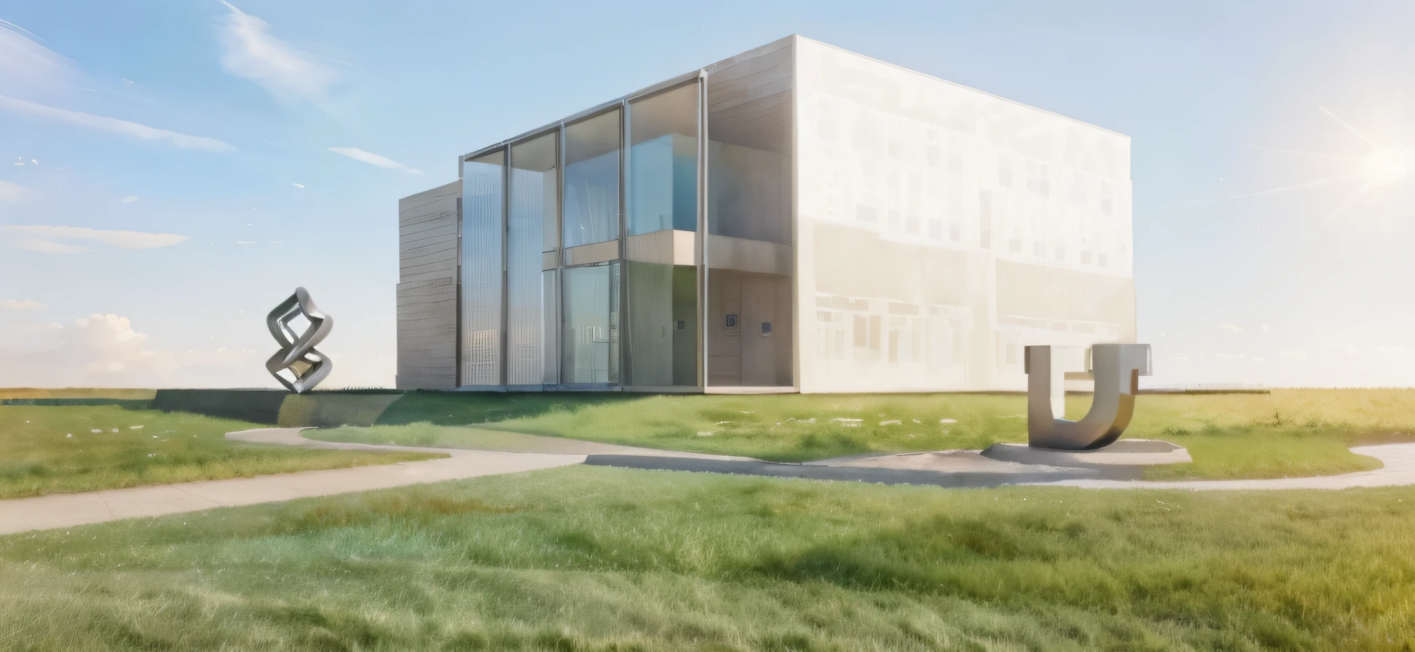 a rendering of a plaza in front of one office building, stone pathway to building and from right to left, one steel sculpture on the left and one steel sculpture on the right, hilly grass between building and plaza, ((nice grass lawn)), beautiful sky, daylight, bright daylight, masterpiece, ultra-detailed, 4K, photographic rendering, commercial rendering, realistic, two-point perspective, human perspective