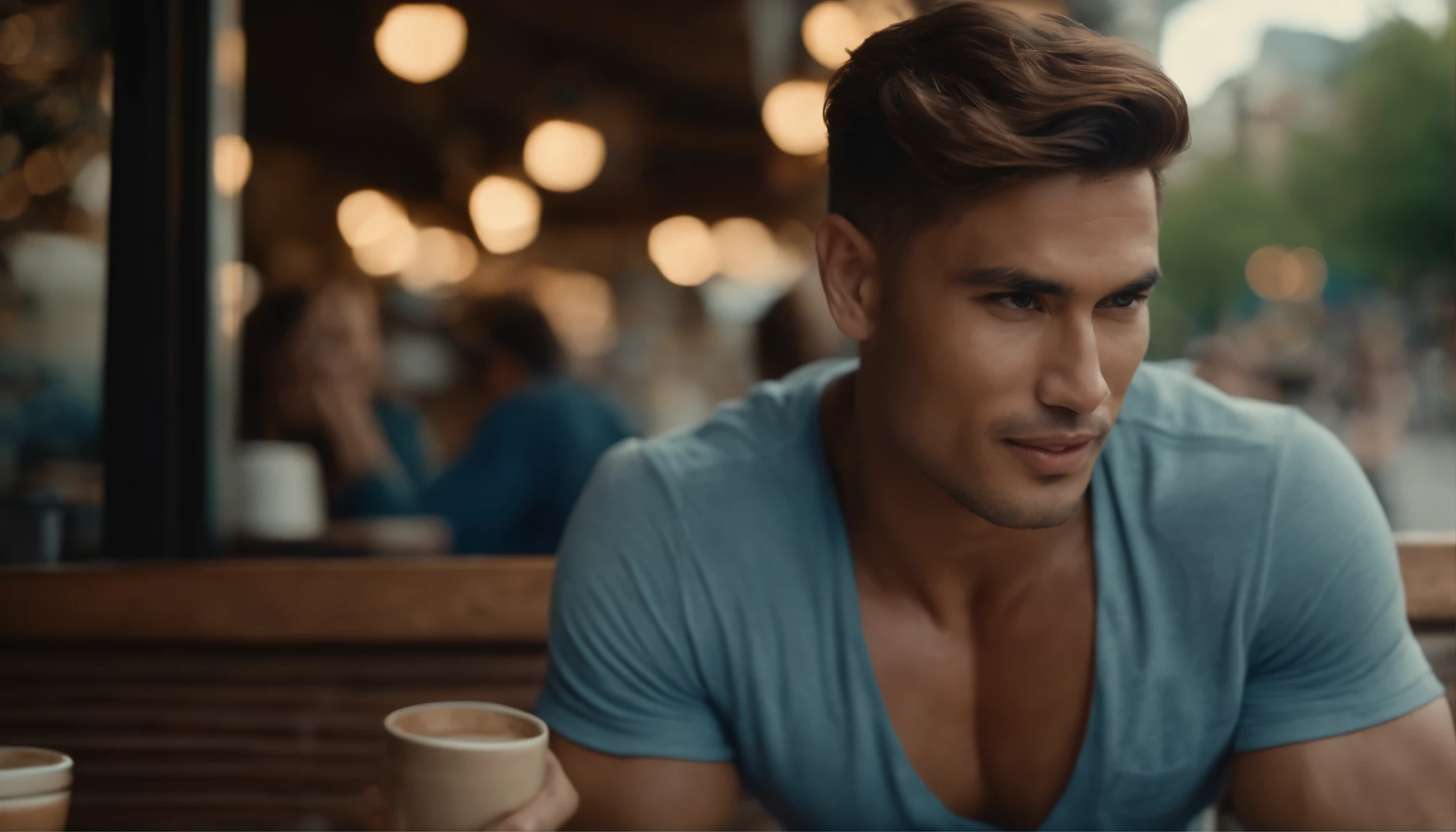 photo of a stunning handsome muscular naked Thai man, no female, honey eyes, no shirt short messy windy light brown hair, flipping hair, closeup zoomed in tight crop portrait, sitting outdoors at a cafe, look you look at me, top-view (outdoor french coffee shop scene:1.2) (wearing no shirt:1.3) (coffee in hand:1.3) (Lighting-blue:1.2) foreground objects background details (masterpiece:1.2) (photorealistic:1.2) (bokeh:1.2) (best quality) (color grading) (detailed skin:1.3) (intricate) (8k) (HDR) (cinematic lighting:1.3) (sharp focus), messy windy hair New York