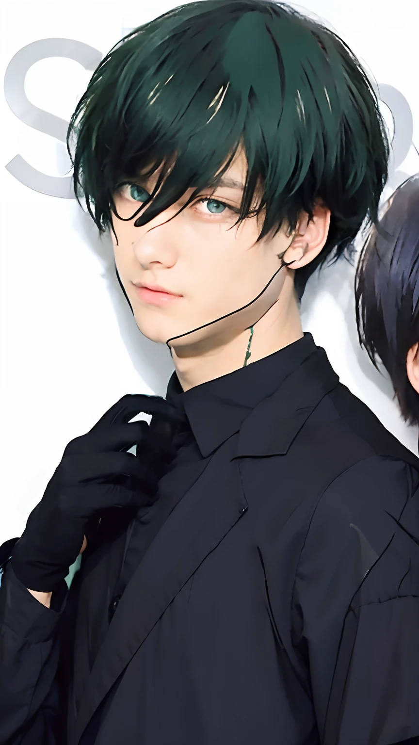 Boy , Young man ,Handsome , black hair , green eyes, Fair skin ,Black shirt, black jacket, black gloves , high quality , realistic