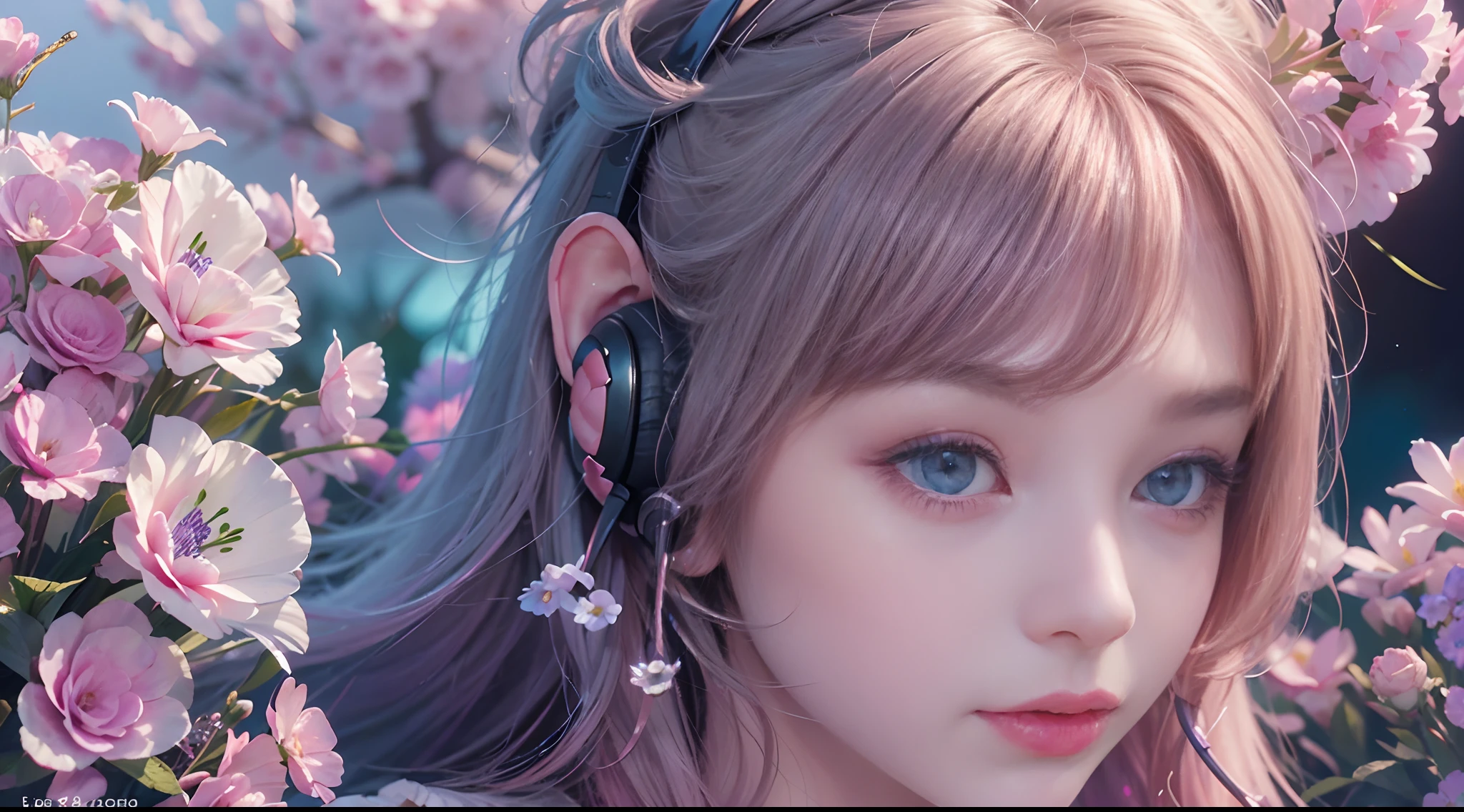 add_detail:2,1girl,detailed face,princess,taoist),flower, Lisianthus ,in the style of light pink and light azure, dreamy and romantic compositions, pale pink, ethereal foliage, playful arrangements,fantasy, high contrast, ink strokes, explosions, over exposure, purple and red tone impression , wearing headset, listening music