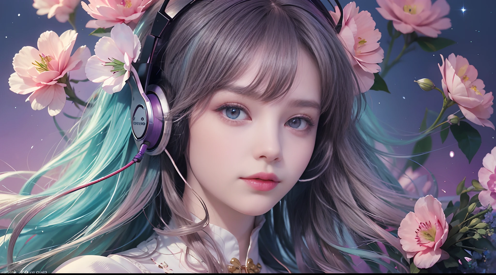 add_detail:2,1girl,detailed face,princess,taoist),flower, Lisianthus ,in the style of light pink and light azure, dreamy and romantic compositions, pale pink, ethereal foliage, playful arrangements,fantasy, high contrast, ink strokes, explosions, over exposure, purple and red tone impression , wearing headset, listening music