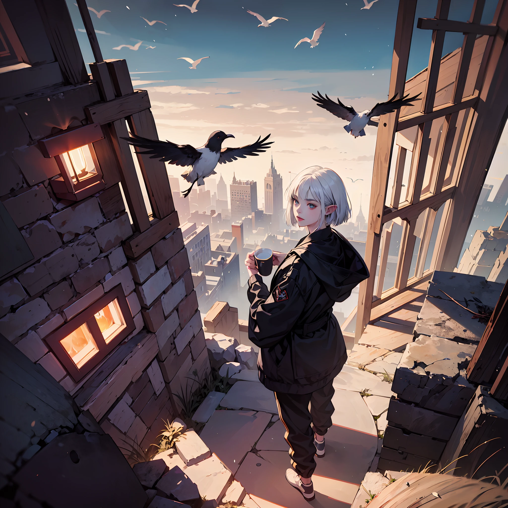 Woman drink tea, Middle Ages, Tangerine dream color, Concept Art, Elf, Goth, Bob Cut, White Hair, Candid Photography, Cinematic Lighting, GoPro HERO9 Black, Birds Eye View, Canon EF 16-35mm, by Danny Clinch, Fleece Jacket and Joggers
