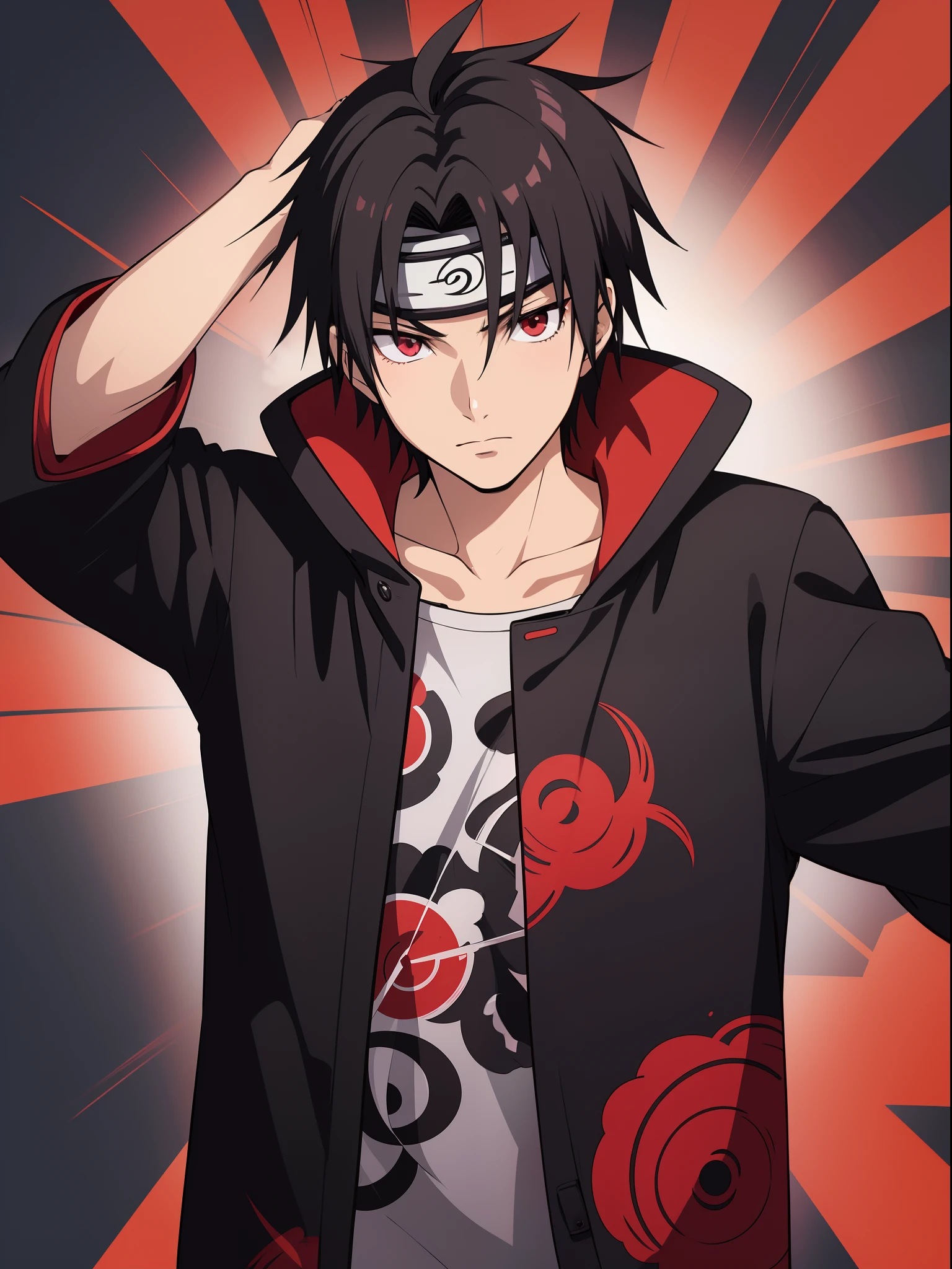 1male, Itachi Uchiha, black short hair, anime male, wearing a long sleeve black coat, red cloud print on coat, Kishimoto, Japanese anime style