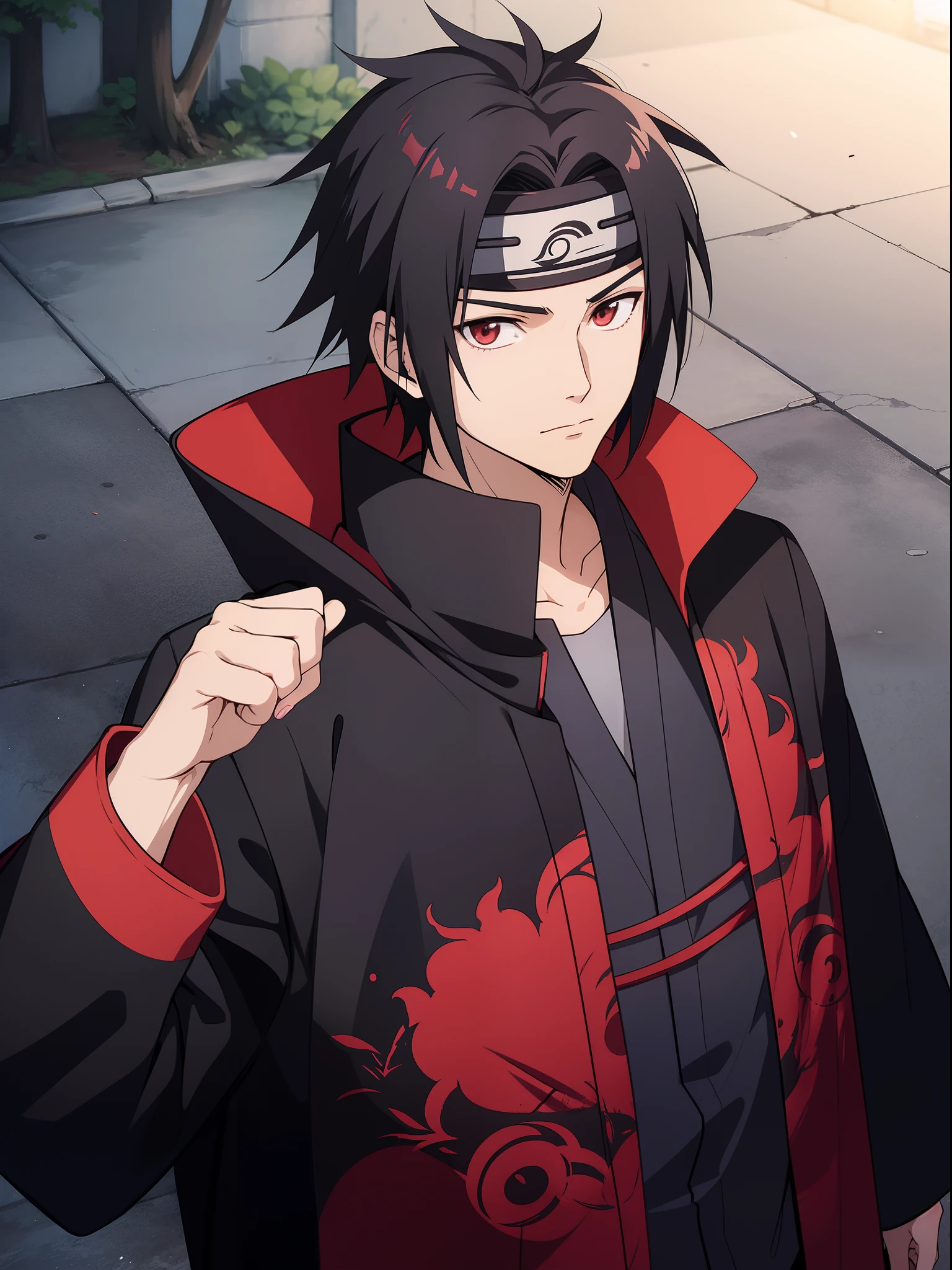 1male, Itachi Uchiha, black short hair, anime male, wearing a long sleeve black coat, red cloud print on coat, Kishimoto, Japanese anime style