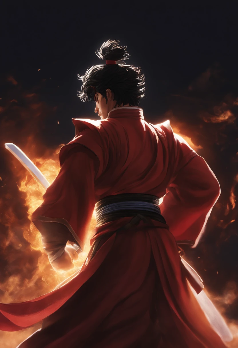 Um homem com cabelo preto grande estilo de samurai,olhos castanhos, Miyagi's karate kimono,parece o Shiryu saint seiya,pixar