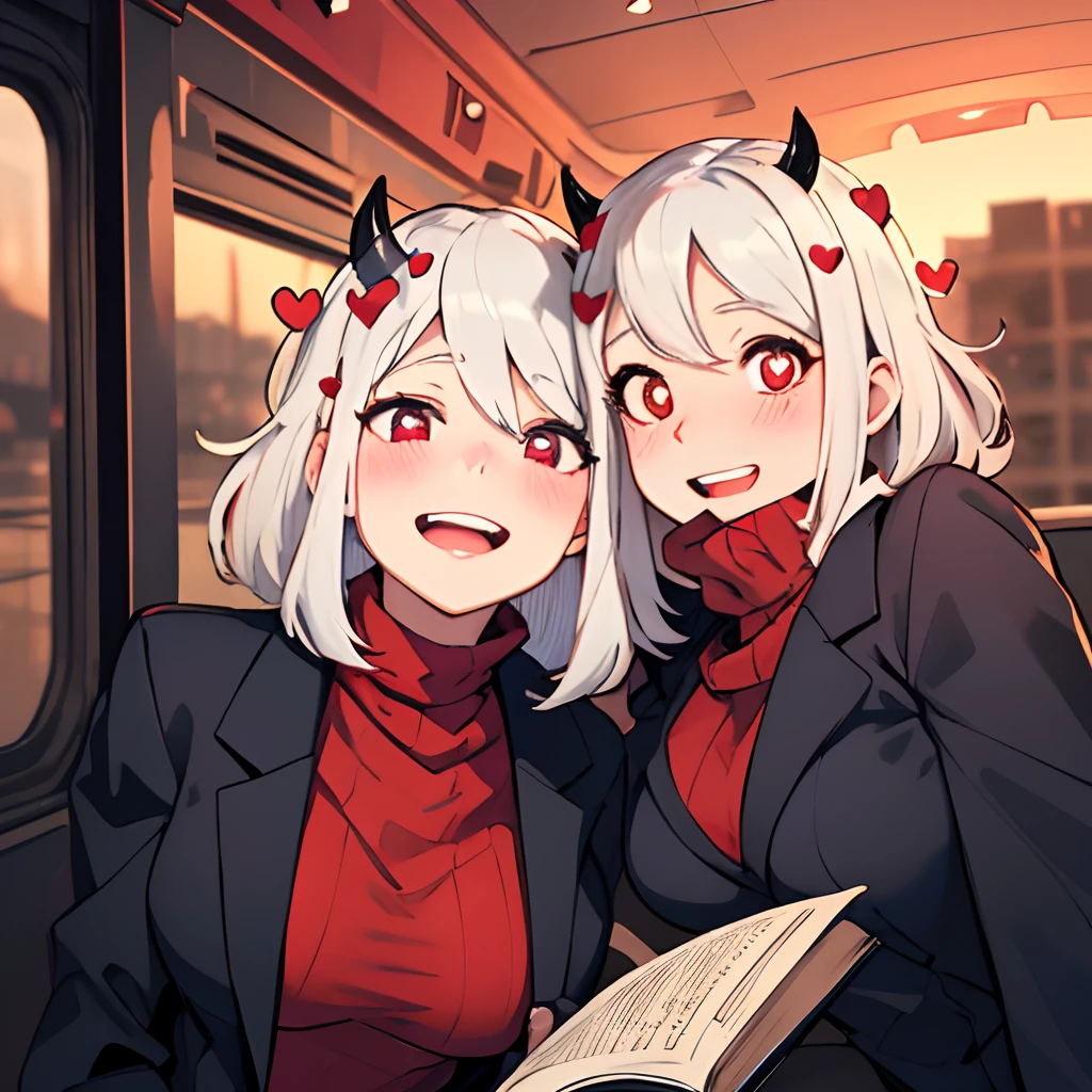 (masterpiece, best quality:1.2), cowboy shot, solo, 1girl, htmodeus, blush, smiling, happy, open mouth, looking at viewer, holding, book, medium short white hair, heart-shaped pupils, formal, black jacket, red sweater, turtleneck, black horns, daemon tail,sleeves past wrists, black skirt, red pantyhose in the bus