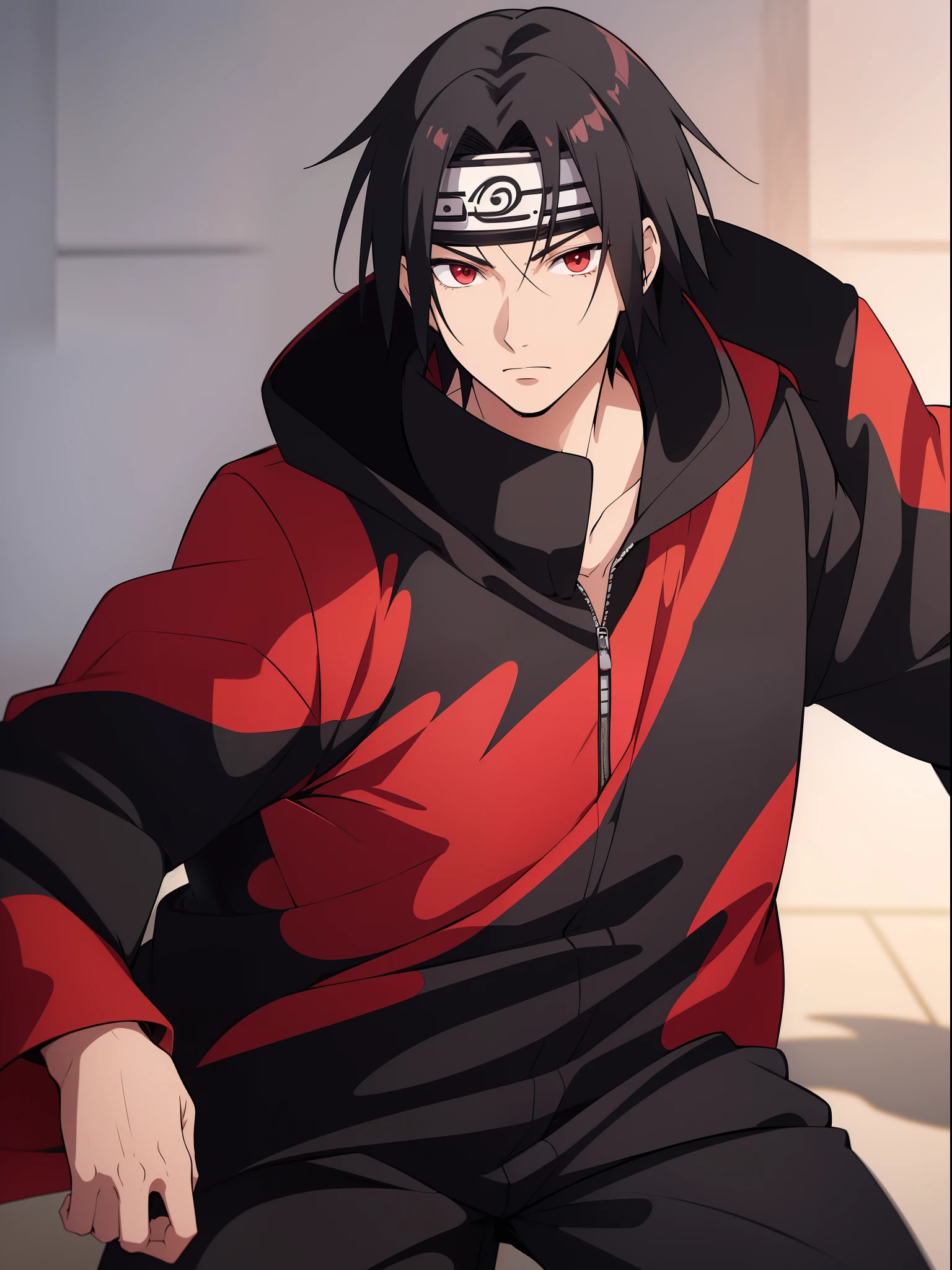 1male, Itachi Uchiha, black short hair, anime male, wearing a long sleeve black coat, red cloud print on coat, Kishimoto, Japanese anime style