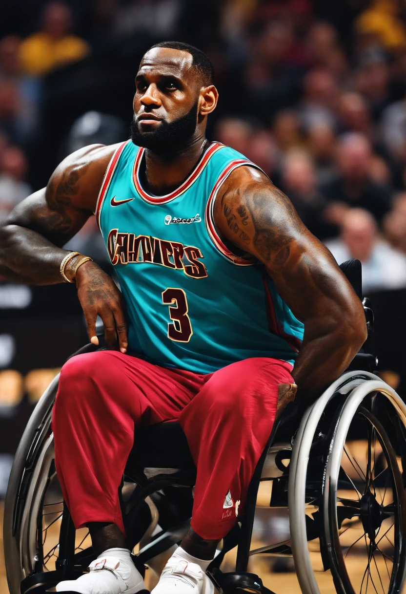 obese shirtless Lebron James in a wheelchair
