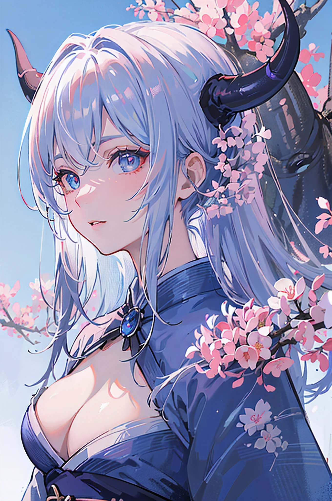 (best quality, high-res, masterpiece:1.2), perfect face, (serious expression), detailed eyes, elegant, (heterochromatic eyes), (curved blue horns), dragon woman, wearing a white and pastel blue elegant kimono, cherry blossom background, long silver hair, side view, looking at viewer, snowy background