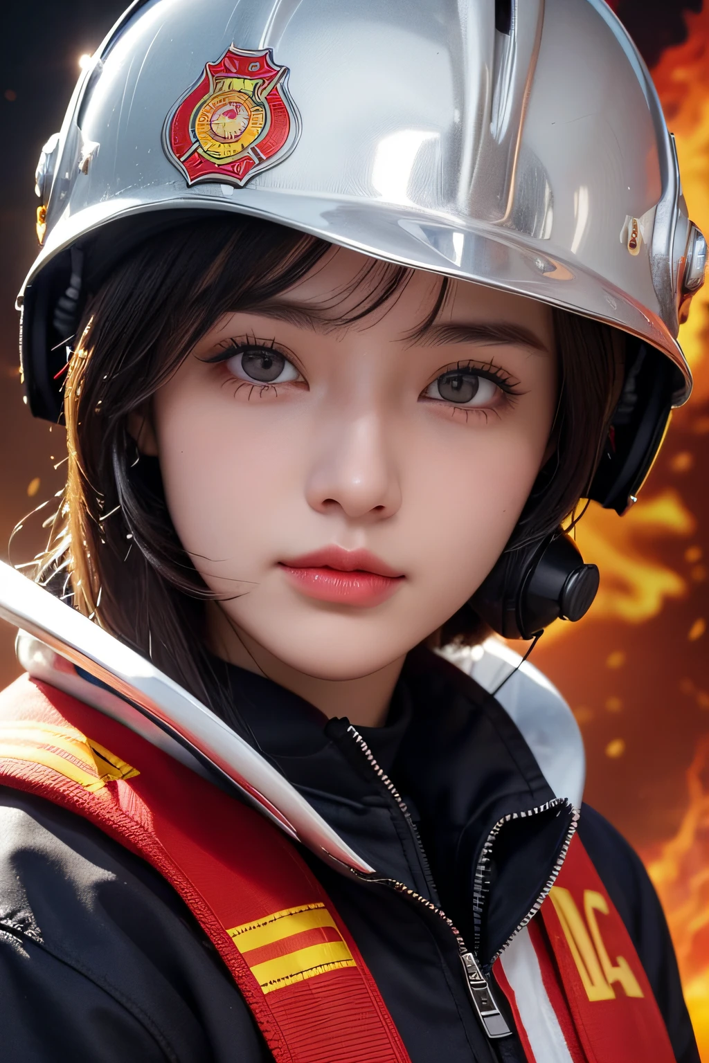 Female firefighter、25 years old women、To one girl, Fire Truck and Flame Background、Cyber City、(((Silver Firefighter Clothing)))、((helmets))、Ear Guard Covers、​masterpiece, top-quality, hightquality, hight resolution、((facial close-up))、