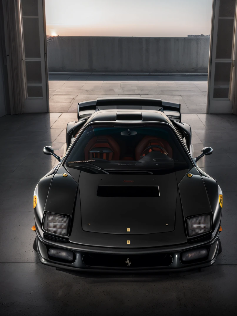 A black sports car parked in a garage with a sunset in the background ...
