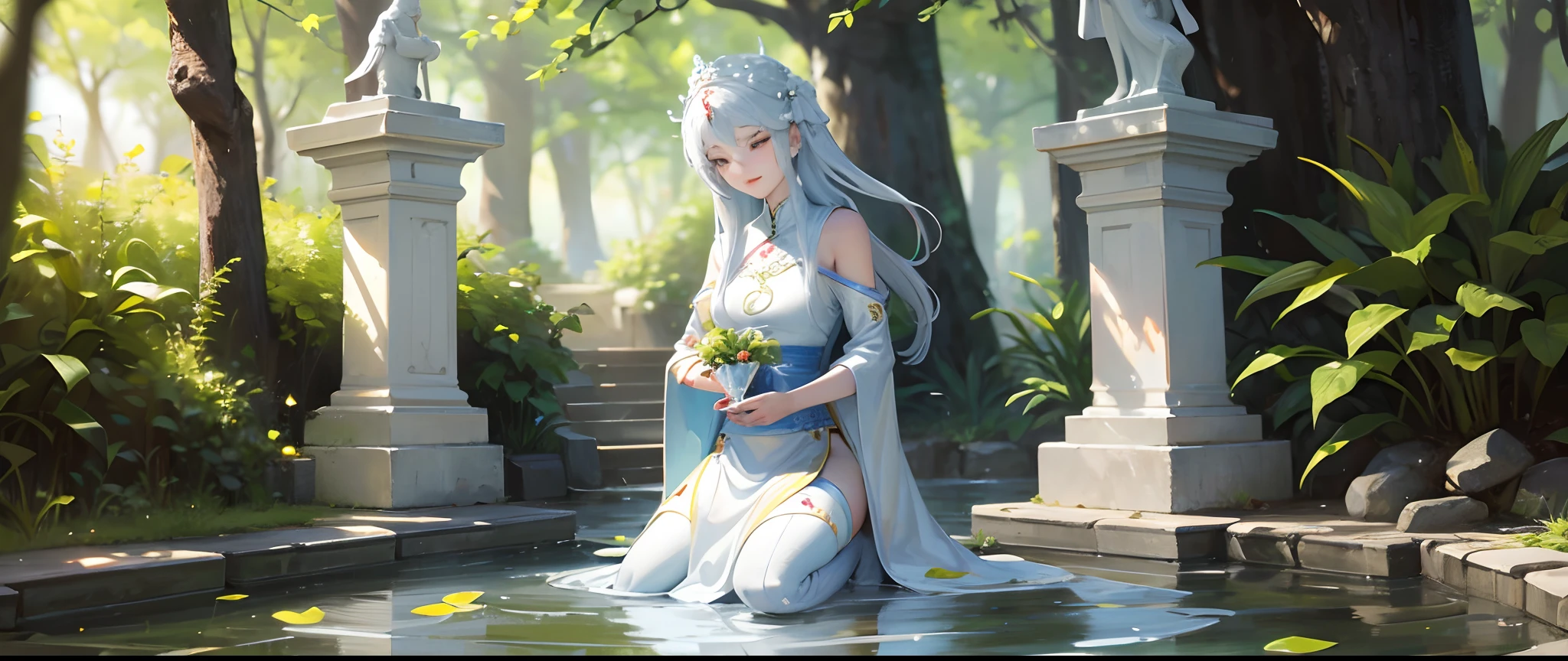photo realistic photo In the center of the garden, you see a white marble statue of Quan Yin, smiling and radiating light. You approach the statue and kneel before it, feeling a surge of love and reverence. You notice that there is a small bowl of water at the base of the statue, and you dip your fingers in it. You touch your forehead, your throat, and your heart with the water, feeling a cool and soothing sensation, cinematic style --auto --s2