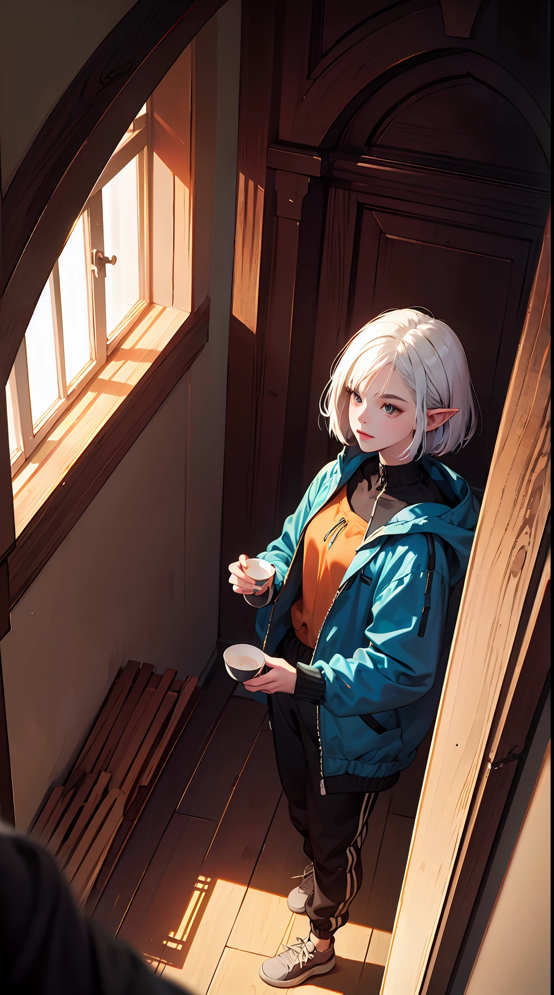 Woman drink tea, Middle Ages, Tangerine dream color, Concept Art, Elf, Goth, Bob Cut, White Hair, Candid Photography, Cinematic Lighting, GoPro HERO9 Black, Birds Eye View, Canon EF 16-35mm, by Danny Clinch, Fleece Jacket and Joggers
