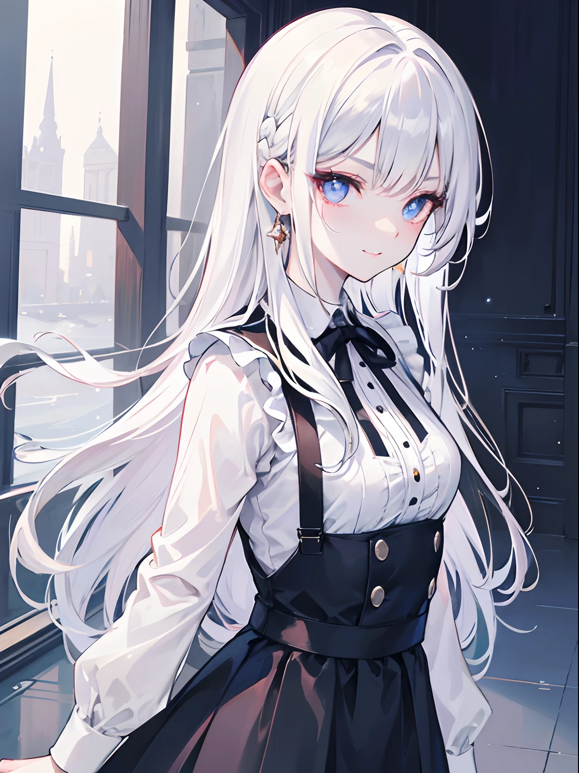 masutepiece, Highest Quality, (Perfect face:1.1), (high detailing:1.1), (ultradetailed eyes), Dramatic,  superfine illustration, Extremely detailed, 1girl in, (pale skin), long white hair, Ethereal eyes, (light eyebrow), ((Lovely smile)), Solo, Long hair, Pouty lips, Proud Expression, Cinematic lighting, Looking at Viewer, upper body, from side, The shirt、skirt by the、（small tits）、doress、pinafore、hair adornments、（Maids）