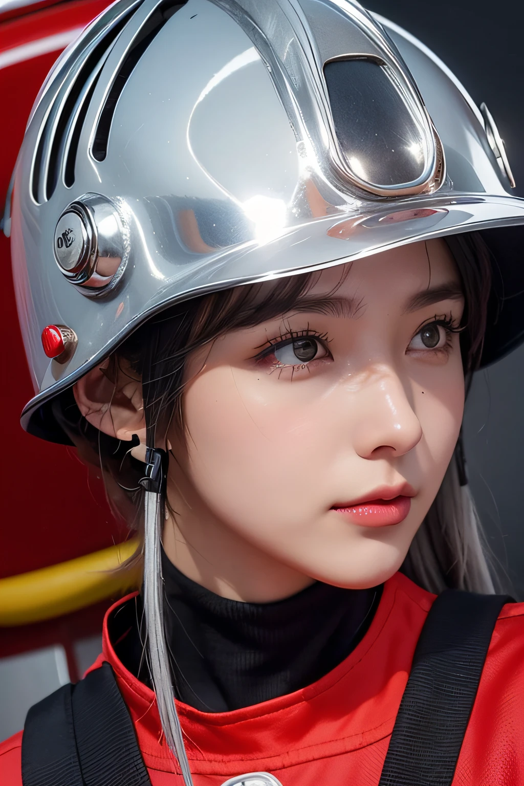 Female firefighter、25 years old women、To one girl, Fire Truck and Flame Background、Cyber City、(((Silver Firefighter Clothing)))、((helmets))、Ear Guard Covers、​masterpiece, top-quality, hightquality, hight resolution、((facial close-up))、
