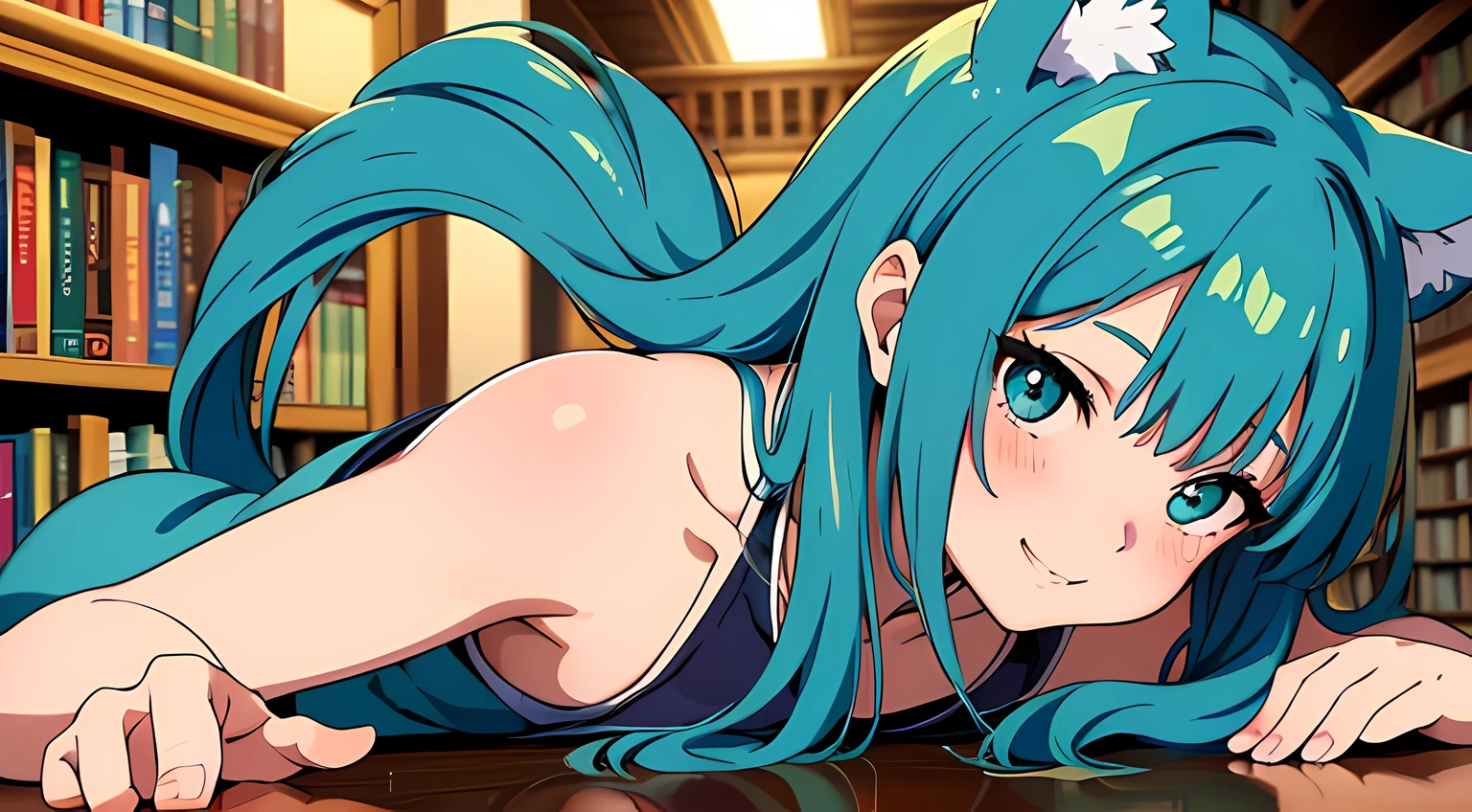 (1 nekomimi girl, without human ears),(beautiful eyes finely detailed, Face to detail, teal hair, long hair), wearing long dress, twerking pose to you, seductive facial expression, smiling with teeth, blush on her face, at the library, camera angle from front, looking at you, masterpiece, top-quality, detailed, High resolution illustration