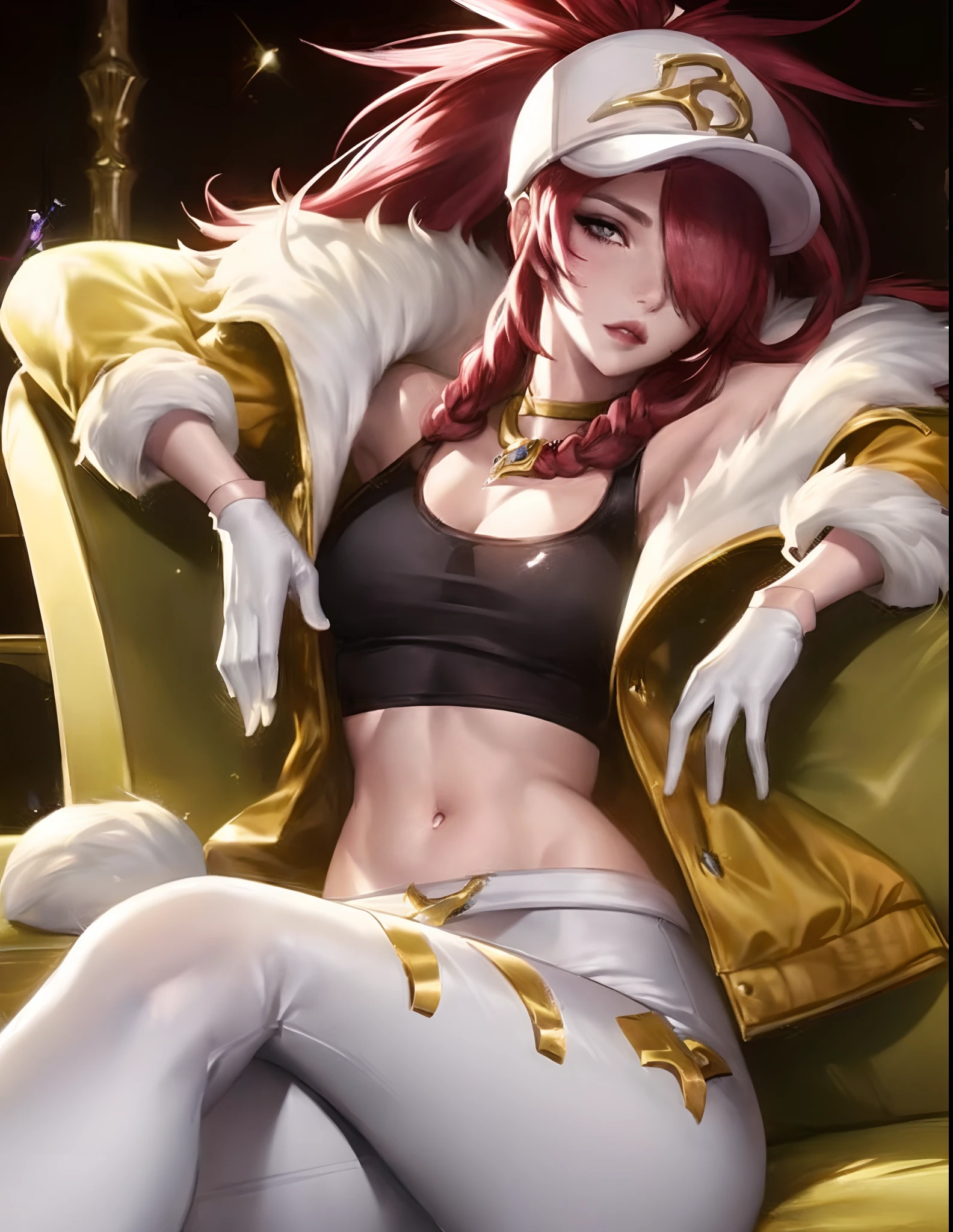 Akali kda prestige, 1girl, solo, long hair, breasts, looking at viewer, jewelry, medium breasts, red hair, necklace, hair over one eye, lips, makeup, white headwear, upper body, epic light, crop top, fur trim, jacket, concert hall, sitting, white gloves, white pants, tight pants, k/da (league of legends)