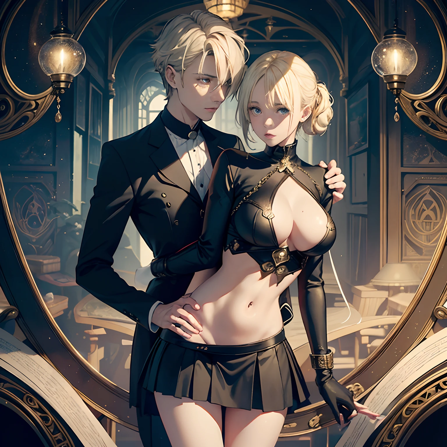 Charles Pears, Joyce Mercer, Surreal, mysterious, bizarre, fantastical, fantasy, Sci-fi, Japanese anime, metaphysics, grand intellectual play, swan, the order of cosmology, the living maze, myth, dreams, and life, miniskirt blond-haired girl Alice, perfect voluminous body, detailed masterpiece, sexy erotic provocative body,