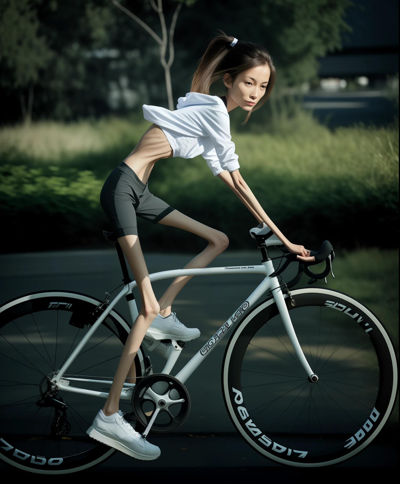 Thin woman, Emaciated body，Very slim waist and legs，Riding a bicycle