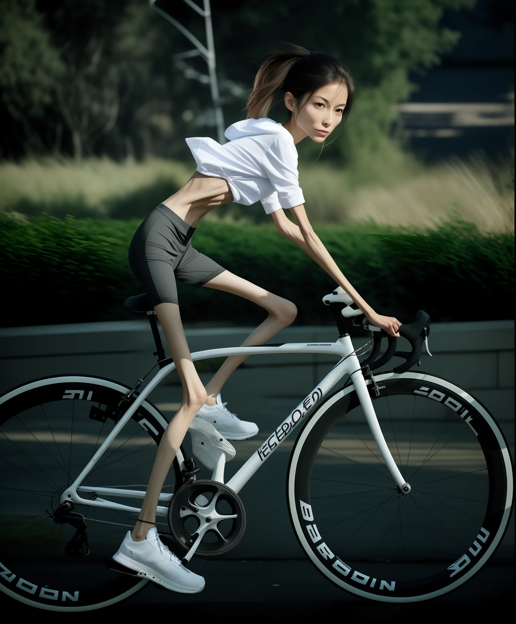 Thin woman, Emaciated body，Very slim waist and legs，Riding a bicycle