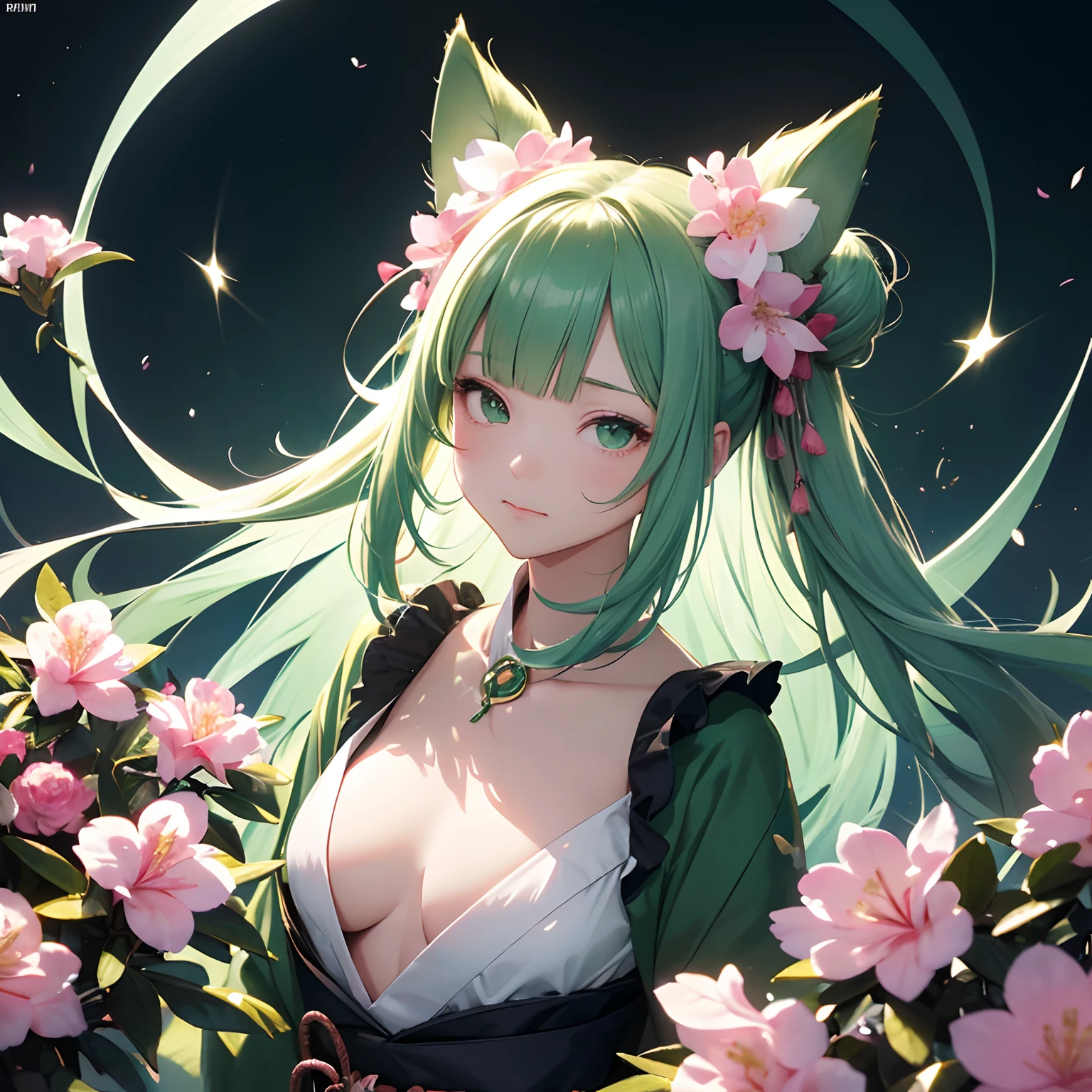 finest image, (8k, RAW photo, realistic), portrait, detailed and delicate depiction and flashy and dynamic painting method, dark green hime cut, double bun, blunt bangs, a funny and cute deformed girl with yellow cat eyes and cat ears, half closed eyes / bad mood, flat chest, slender, close hand pose, Japanese kimono, white and pink rhododendron flowers, background big moon, iridescent golden particles