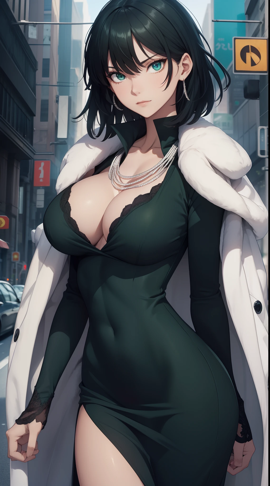 fubuki, fubuki, Black hair, (Green eyes:1.2), Short hair,Large breasts，cleavage，
BREAK black dress, dress, Fur coat, High collar, jewelry, necklace, cropped shoulders, tight fit clothes, tightly dress,,
BREAK outdoors, City,
BREAK looking at viewer, Break (Masterpiece:1.2), Best quality, high resolution, Unity 8k wallpaper, (illustration:0.8), (Beautiful detailed eyes:1.6), Extremely detailed face, Perfect lighting, Extremely detailed CG, (Perfect hands, Perfect anatomy),