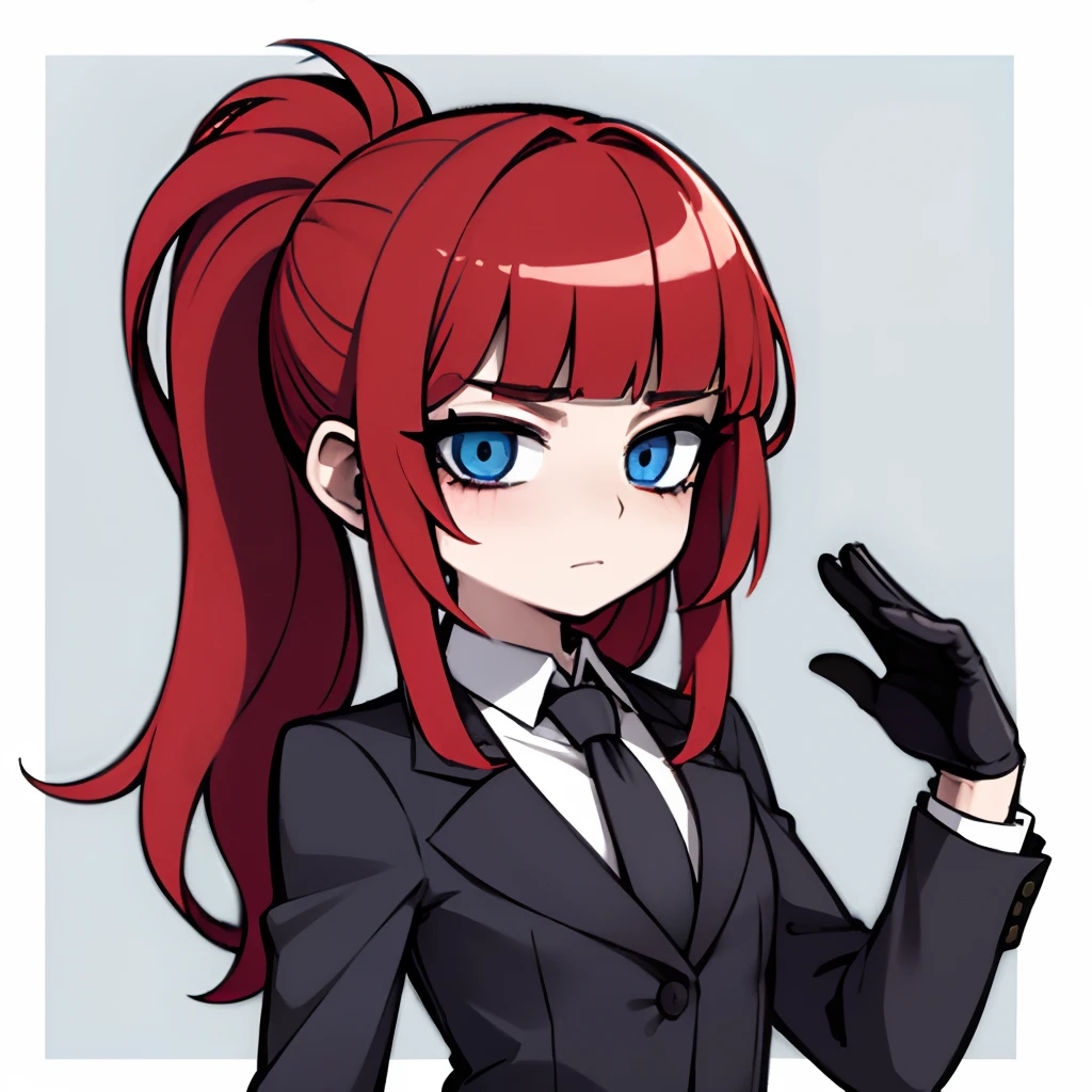 1girl, red hair, long hair, sidelocks, blunt bangs, blue eyes, blush, pale skin, flat chest, uit, formal wear, black gloves, tie, ponytail