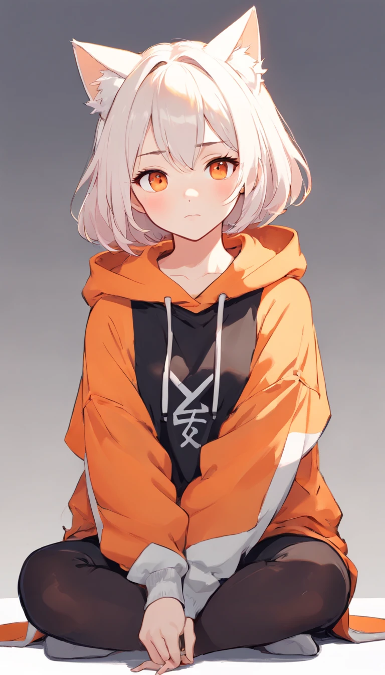 best quality, contemporary, flat style, minimalism, Amber Orange Eyes Flat Illustration, white and orange gradient ombre hair, short hair, multicolored hair, Black Shirt, mechanical wings, pastel hair colors, 1girl, girl, hand-painted, Colorless, colored line drawing of pastel girl yandere, Tekken, Super cute feminine 19 year old girl with white and orange hair girl with gothic makeup on the side, with dark baggy hoodie outfit, slender figure, sturdy, He sat on the floor, Dressed in dark baggy outfits, very short hair, with cat ears, quadratic element, orange kawaii in 1910 era outfit, fall color scheme, semi-monochromatic artstyle, in the style of the palette soft colors aurorapunk, an anime illustration of his face, animated gifs, hand drawn animation, charming sketches, soft and bright, hazy romanticism, Superflat Style, white background - ar 1:1 - niji 5 - expressive style --s 50, hot mature girl, clothes, in the style of soft aurorapunk color palette, an anime illustration of his face, animated gifs, hand drawn animation, charming sketches, soft and bright, hazy romanticism, Style Superflat, White Background - Air 1:1 - Niji 5 - Expressive Style --s 50, Absurd, High, Ultra Detailed, Break, Create an image with beautiful calligraphy, with expressive lettering, elegant flourishes and a sense of skill and ability, Lesser Dragon, Hands on arms