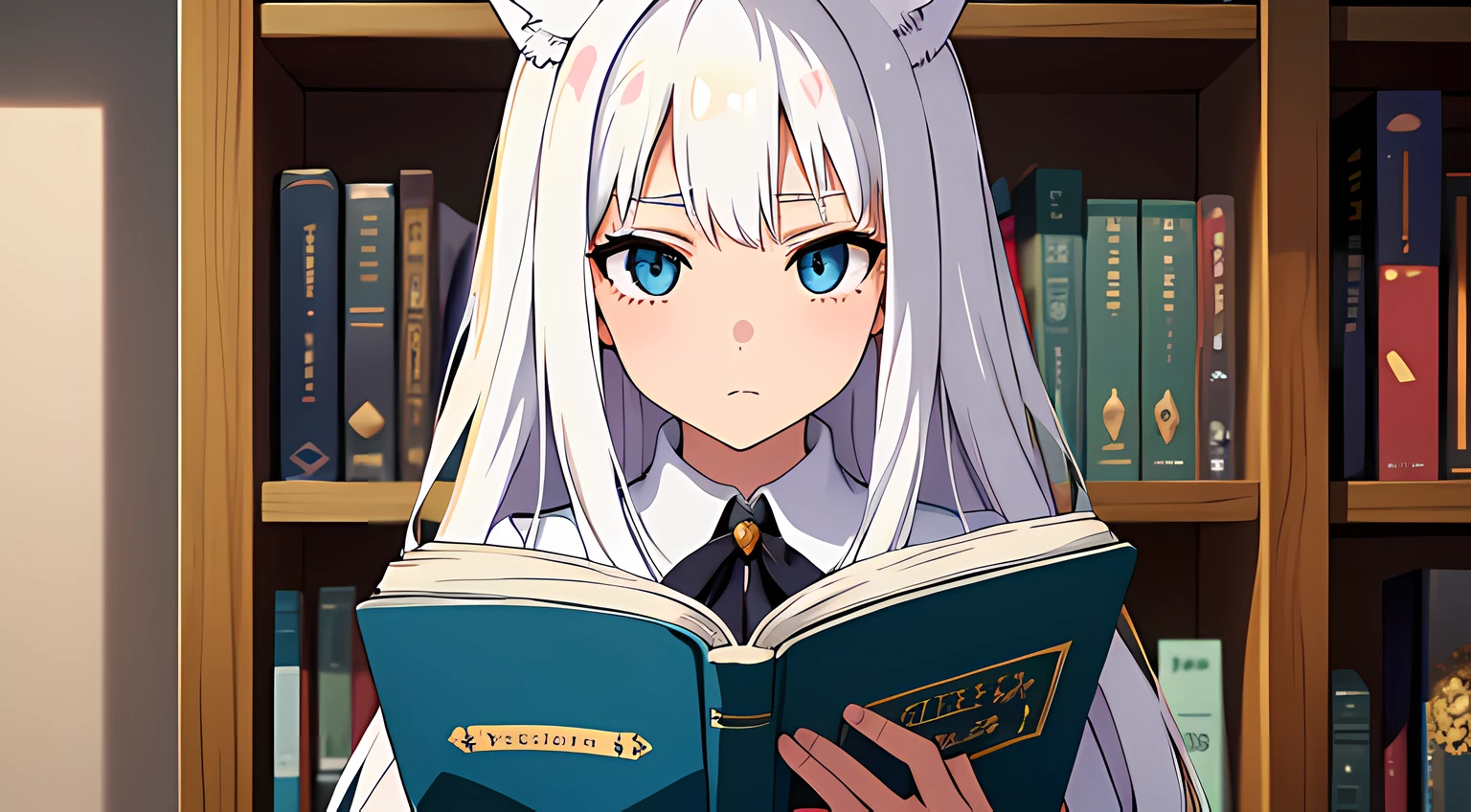 (1 nekomimi girl, without human ears),(beautiful eyes finely detailed, Face to detail, white hair, long hair), wearing long dress witch outfit, reading a magical book, at the library, ​masterpiece, top-quality, detailed, High resolution illustration