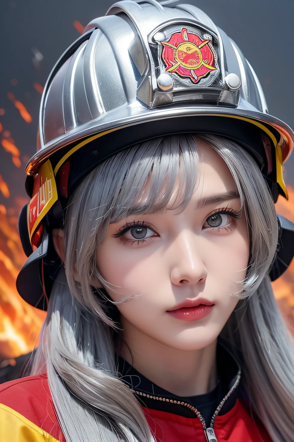 Female firefighter、25 years old women、To one girl, Fire Truck and Flame Background、Cyber City、(((Silvery firefighter clothes)))、((helmets))、masterpiece, top-quality, hightquality, hight resolution、((facial close-up))、