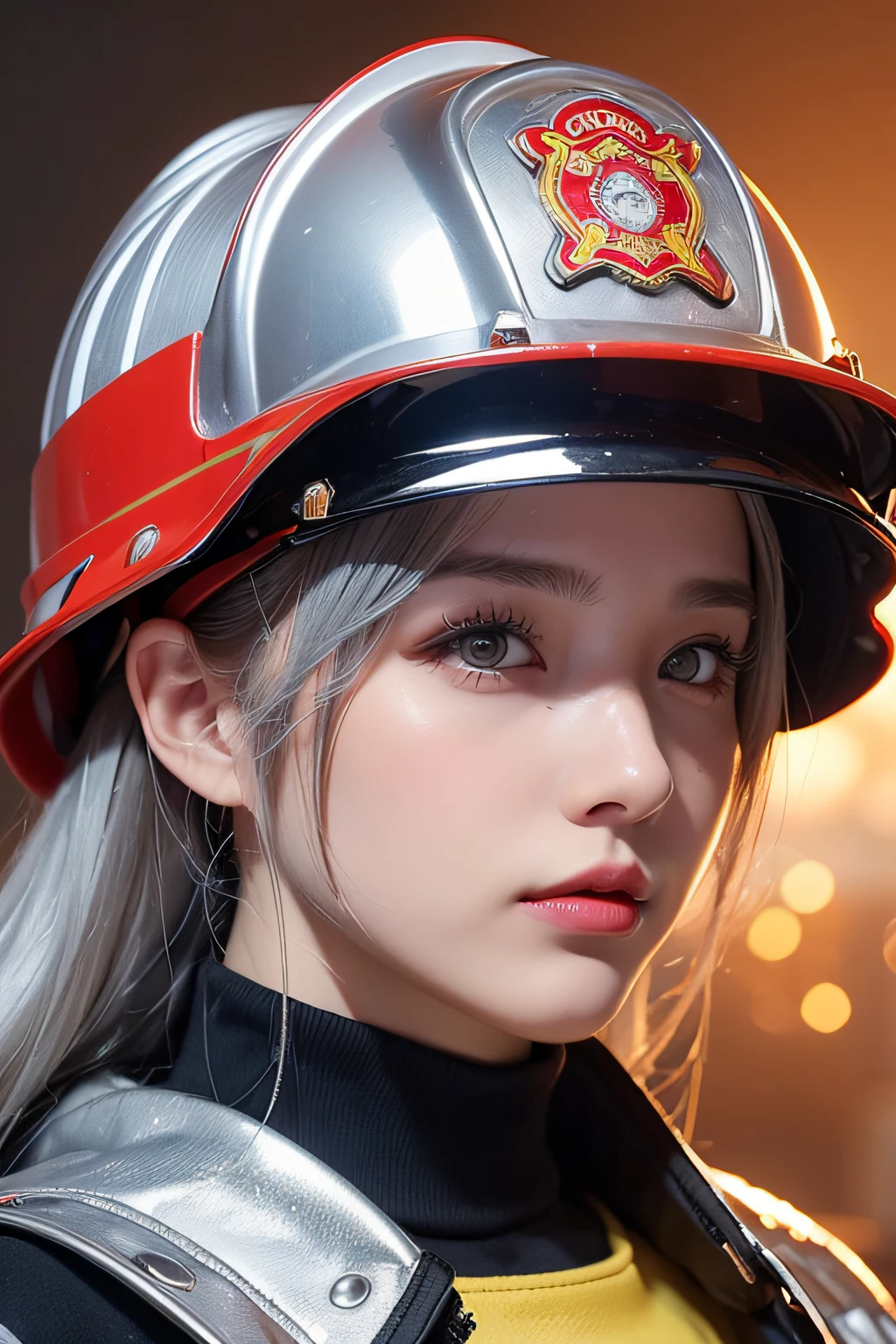 Female firefighter、25 years old women、To one girl, Fire Truck and Flame Background、Cyber City、(((Silvery firefighter clothes)))、((helmets))、masterpiece, top-quality, hightquality, hight resolution、((facial close-up))、