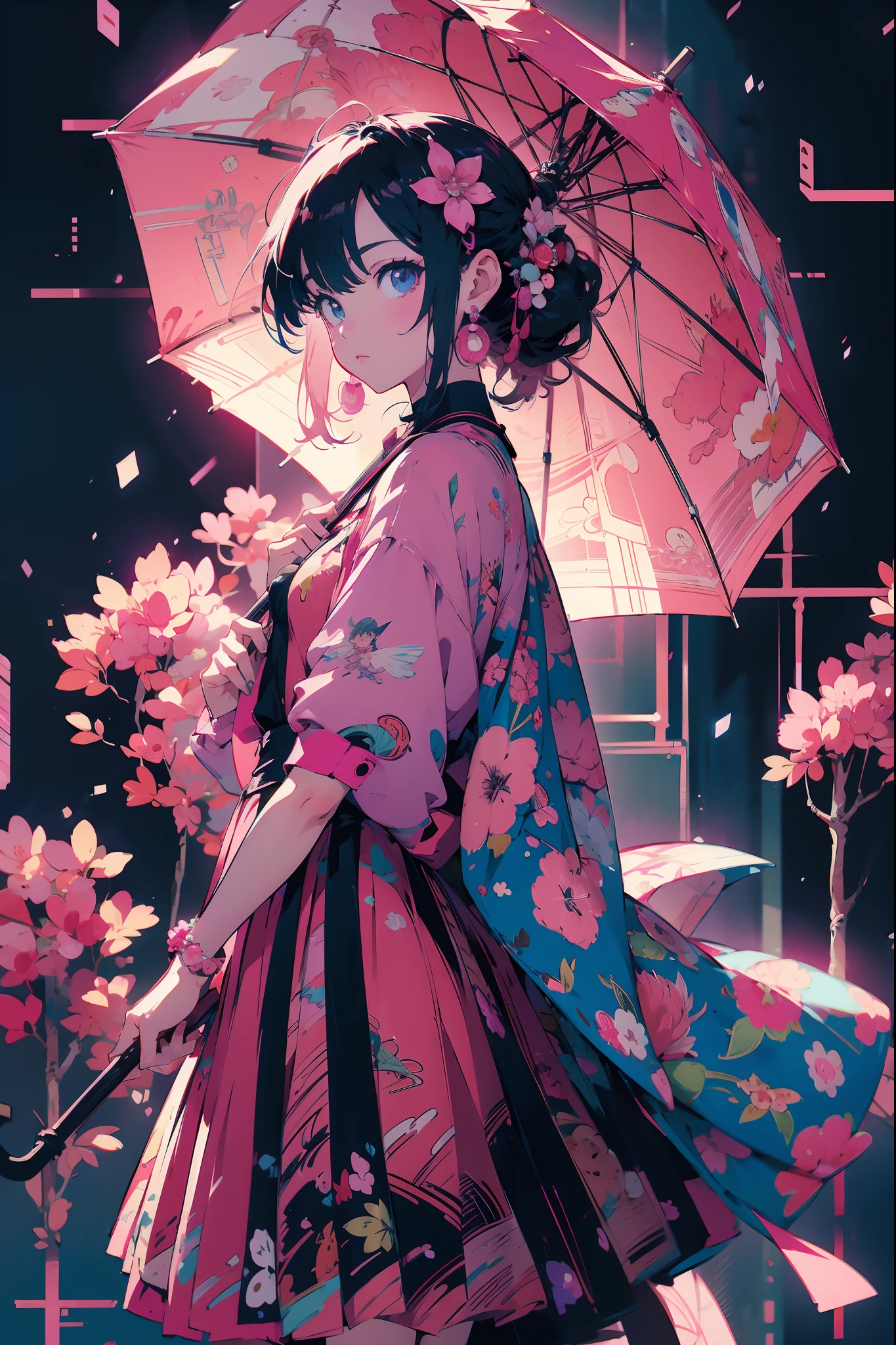 Anime girl wearing pink dress，Holding an umbrella in front of a pink tree, Anime style. 8K, style of anime4 K, anime styled 3d, High quality detailed art in 8K, Smooth anime CG art, Stylized anime, Anime princess, Beautiful anime, anime highly detailed, Anime wallpaper 4 k, Anime wallpaper 4K, 4K anime wallpaper,Guviz, style of anime4 K