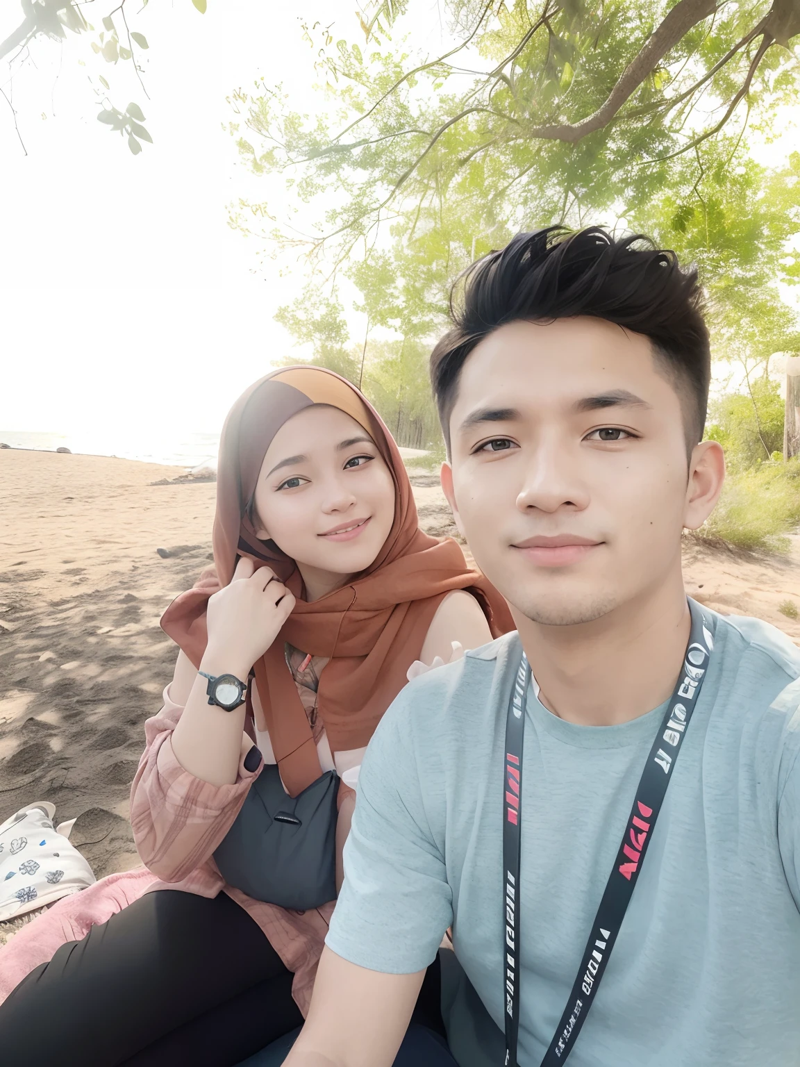 there are two people sitting on a blanket in the woods, 8k selfie photograph, with sunset, shot on nikon z9, during sunset, couple, taken on go pro hero8, on beach, lovely couple, wpol and sarasti, happy couple, by Abidin Dino, selfie, near a jetty, in desert, on a beach, selfie photography