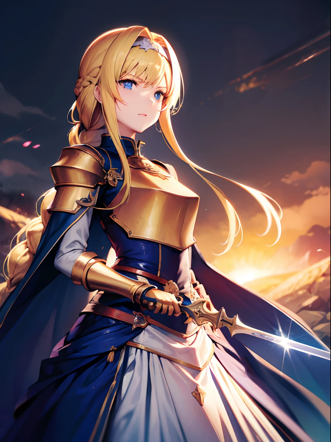 High resolution, Unity 8k壁纸,Longsword, (Beautiful detailed eyes:1.16), extra detailed face、Alignment Night Alice 、Synthesis 30, Wielding the Holy Sword、Bangs, Blue eyes, Blonde hair, hair between eye, Very long hair, braid, shairband, white hairband,Break Dresses, Cape, armor, Blue Dress, Shoulder Armor, gauntlets, pauldrons, breastplates, Armored dress, falls, blue cape, knight, Gold Armor, Undisputed cute girl、[3D images:1.25],[[Attractive eyes,A detailed eye、Colorful eyes、radiant eyes:1.25]]、armor, Best Quality, High resolution, Unity 8k壁纸, (Illustration:0.8), (Beautiful detailed eyes:1.16), extra detailed face、Dress correctly, Beautiful Finger,super precision、Holy Sword in Hand