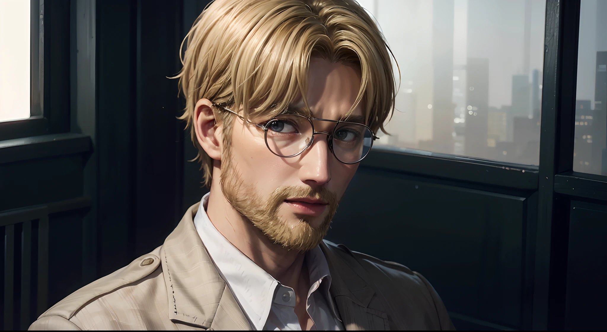 zeke_yeager, man, blond hair, collar, white shirt, light brown jacket, realistic skin, round glasses