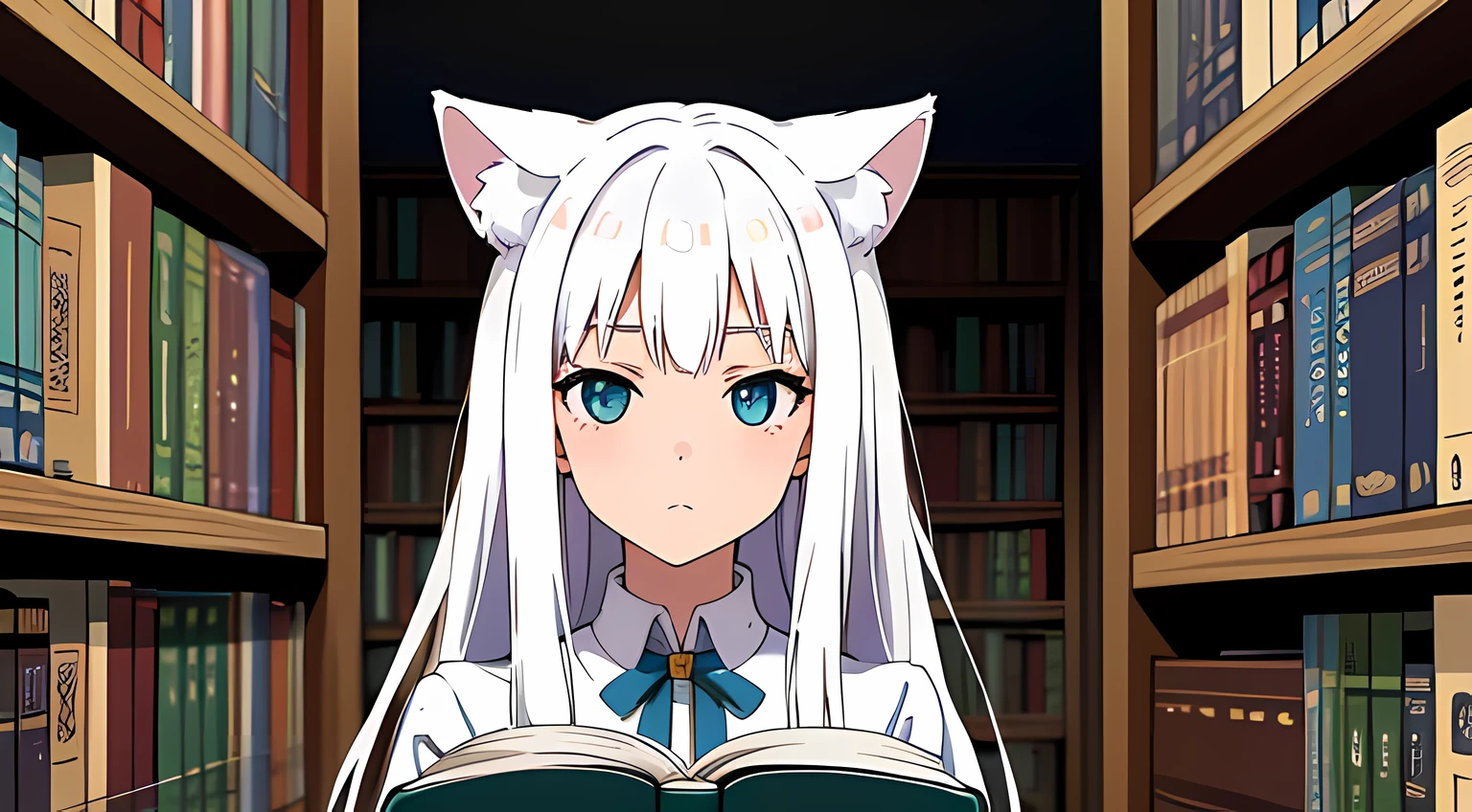(1 nekomimi girl, without human ears),(beautiful eyes finely detailed, Face to detail, white hair, long hair), wearing long dress witch outfit, reading a magical book, magical light come out from the book, at the library, ​masterpiece, top-quality, detailed, High resolution illustration